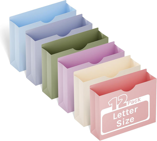 ANSOOK Plastic 3" File Jackets,Manilla Folders 8.5 x 11 Letter Size,12 Pack Expanding File Folder,Heavy Duty Expansion Pocket,Reinforced Straight Cut Tab,Morandi Color Manila Folders for Office Home
