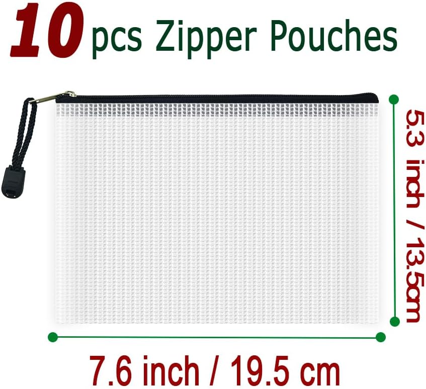 AUSTARK 10 Pcs Zipper File Bags, Waterproof Plastic Mesh Pouch for Office School, Board Game Storage Bags (B6 Size 7.6''x5.3'', White and Black)