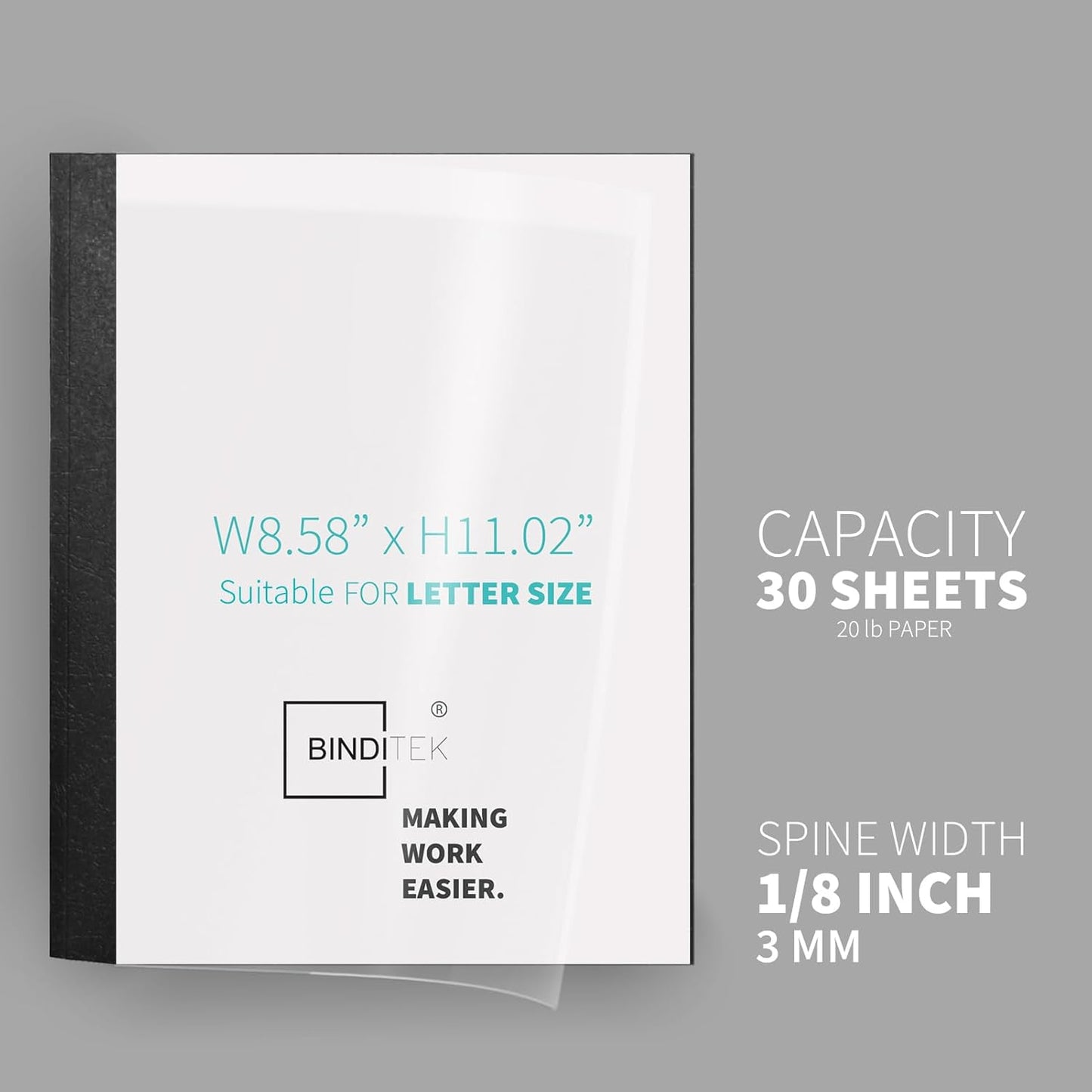 Binditek 20 Pack Thermal Binding Presentation Covers, 1/8 Inch Spine Holds 30 Sheets, Ultra Clear Front Cover, Black Paper Back Cover, Letter Size, for Students and Coworkers