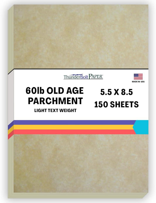 150 Old Age Parchment 60# Text (=24# Bond) Paper Sheets - 5.5 X 8.5 Inches HALF Letter | Flyer Size - 60 Pound is Not Card Weight - Vintage Colored Old Parchment Semblance