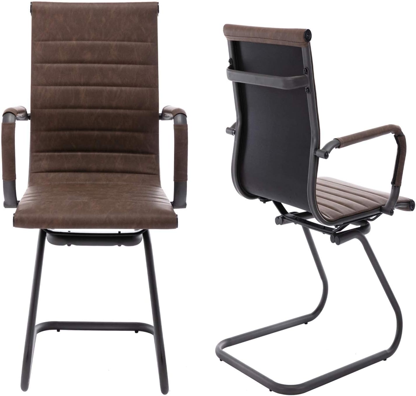 Office Desk Chair No Wheels Set of 8 PU Leather Computer Chairs Mid Back Guest Chairs for School Reception Conference Waiting Room, Vintage Brown