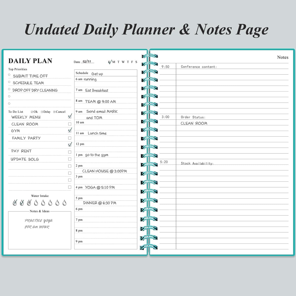 Daily Planner Undated - B5 To Do List Notebook Hourly Schedules, Spiral Appointment Planner for Women and Men, PVC Hardcover, Inner Pocket, Elastic Closure, 7" x 10", Teal