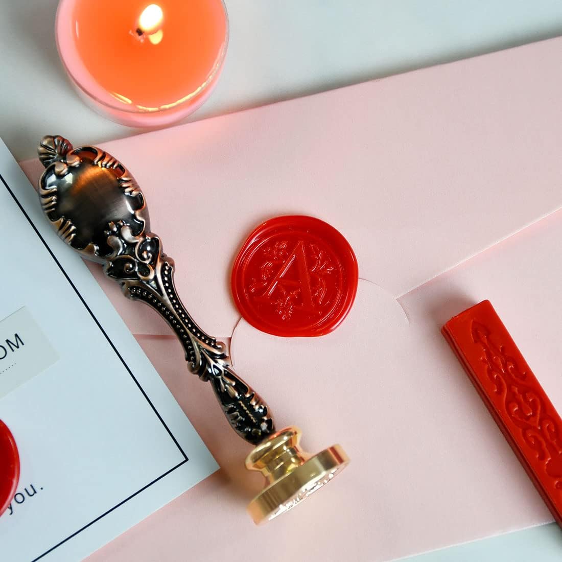 Wax Seal Stamp kit, Envelope Wax Seals DIY Kit - Retro Sealing Wax Candle + Classic Initial Alphabet Seal Wax Seal Stamp Letter A - in Blue Gift Box