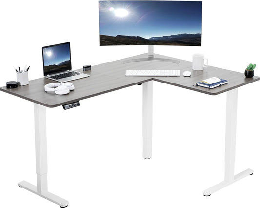 VIVO Electric Corner L-Shaped 63 x 47 in Standing Desk, Memory Height Adjustment, Dark Gray Top White Frame, DESK-E3CTWG-47
