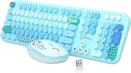 Wireless Keyboard Mouse Combo, MOFII 104 Round Keys Lovely Full-Size Cute Colorful Keyboard and Mouse with Retro Typewriter for PC/Mac/Laptop/Tablet/Computer/Windows Blue