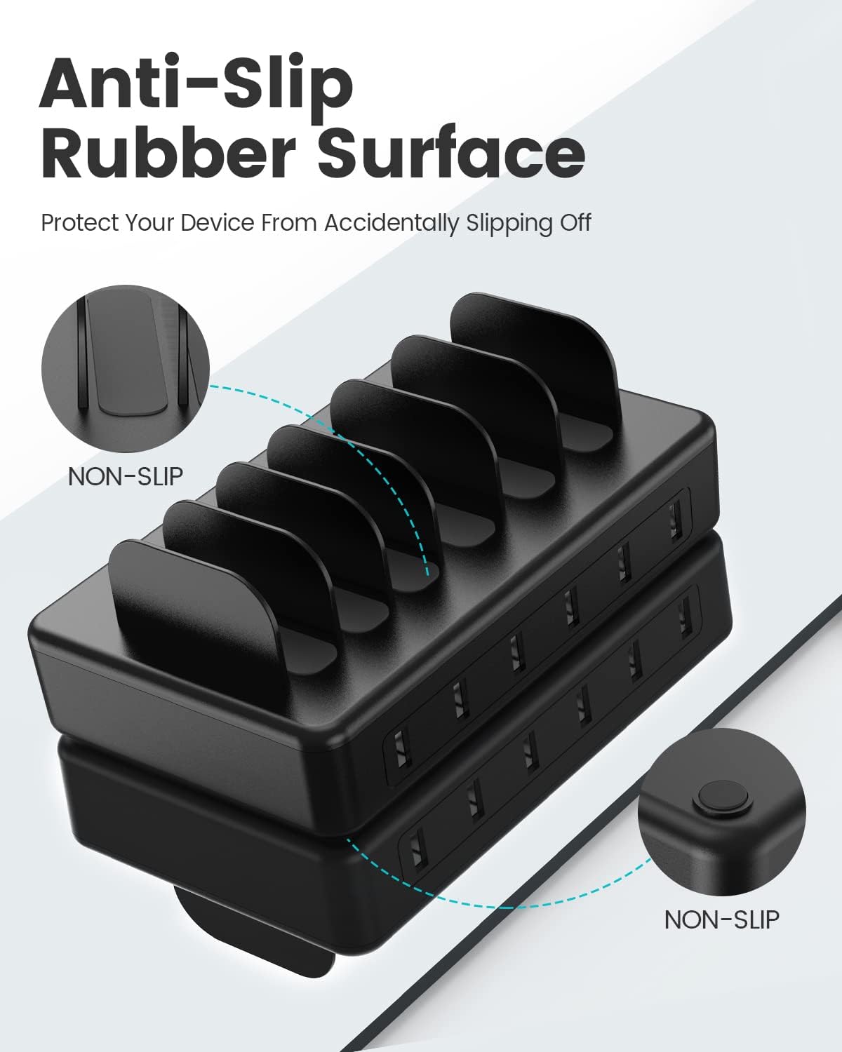 CREATIVE DESIGN 50W 6 Ports Multi Charger Station with 6 Charging Cables, USB Charging Dock for Multiple Devices, Compatible with Cellphone iPad Kindle Tablet and Other Electronic Devices