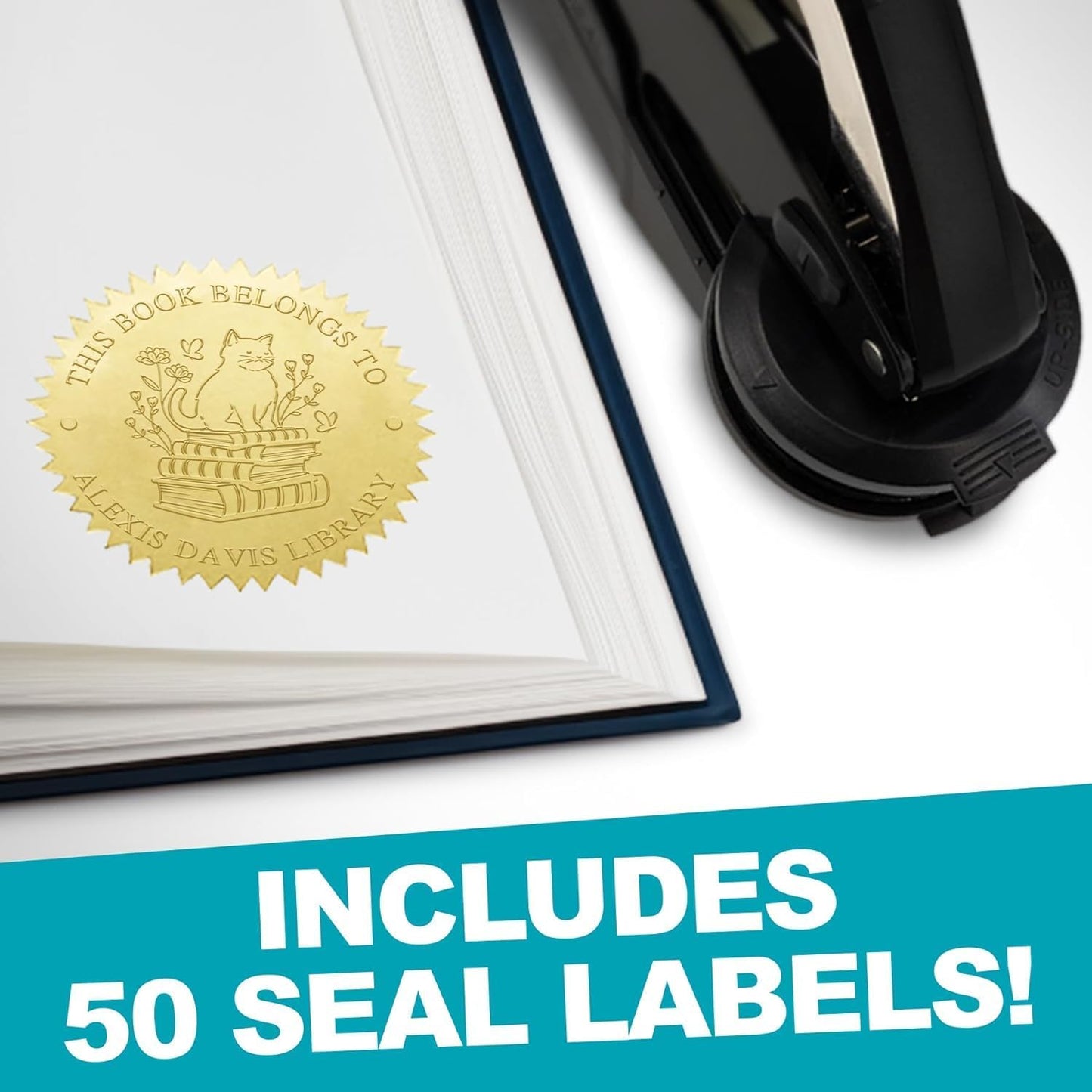 Custom Library Embosser - Style 105 - Embosser, Wood Stamp or Self Inking Stamp - Book Embosser Includes 50 Gold Seals - Custom Stamp Seal from The Library of