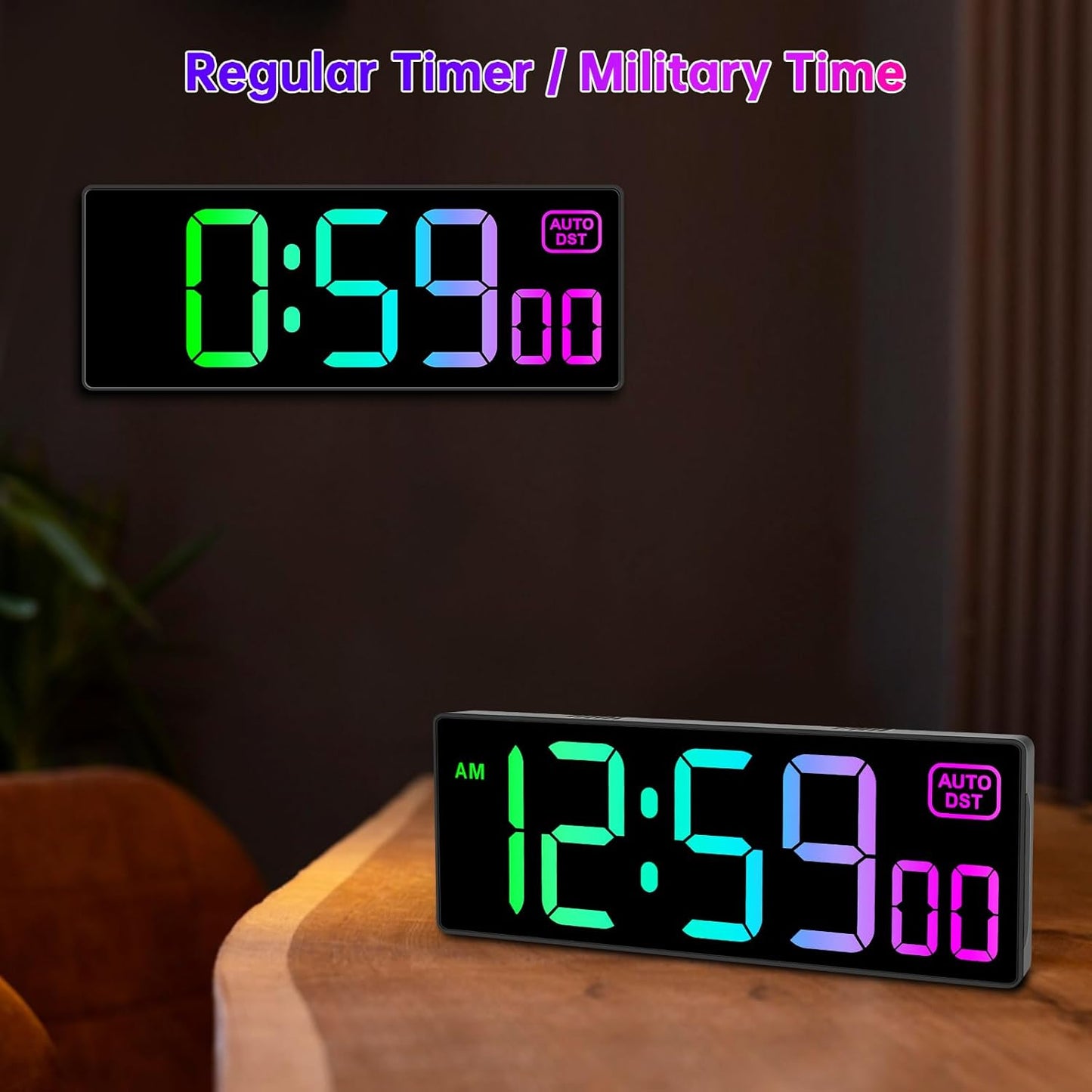 Soobest Large LED Digital Wall Clock 8 RGB Color Changing Display, Corded Plug in Electric Digital Clock with Seconds for Living Room Bedroom Desk Table Office, 5 Dimmers, Auto DST, 10 Inches