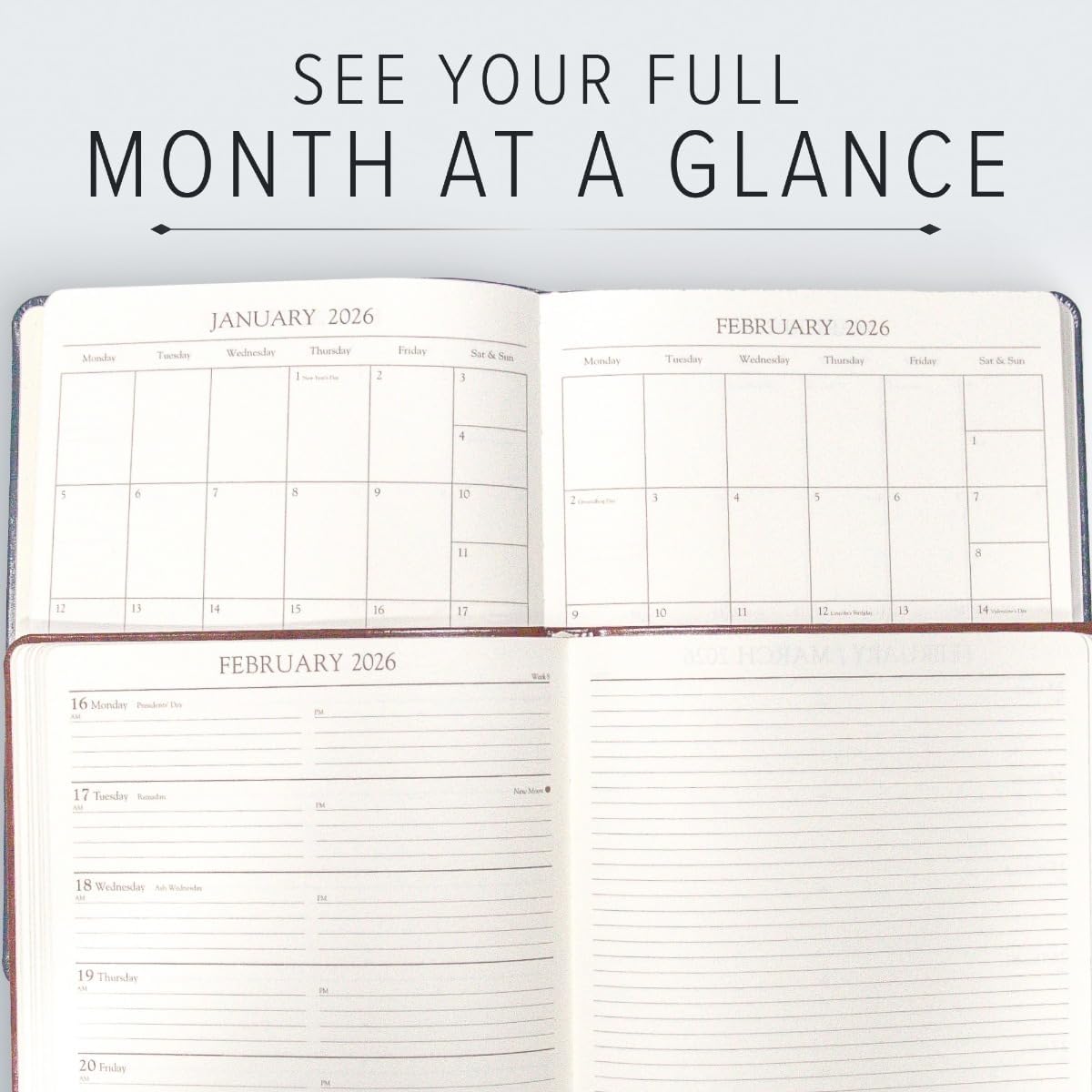 Gallery Leather Academic Planner 2025-2026, Teacher and Student Weekly Monthly Planner, Elegantly Bound Calendar with Gold-Gilded Page Edges, 18 Months - Freeport Metallic Hunter - 9x7"