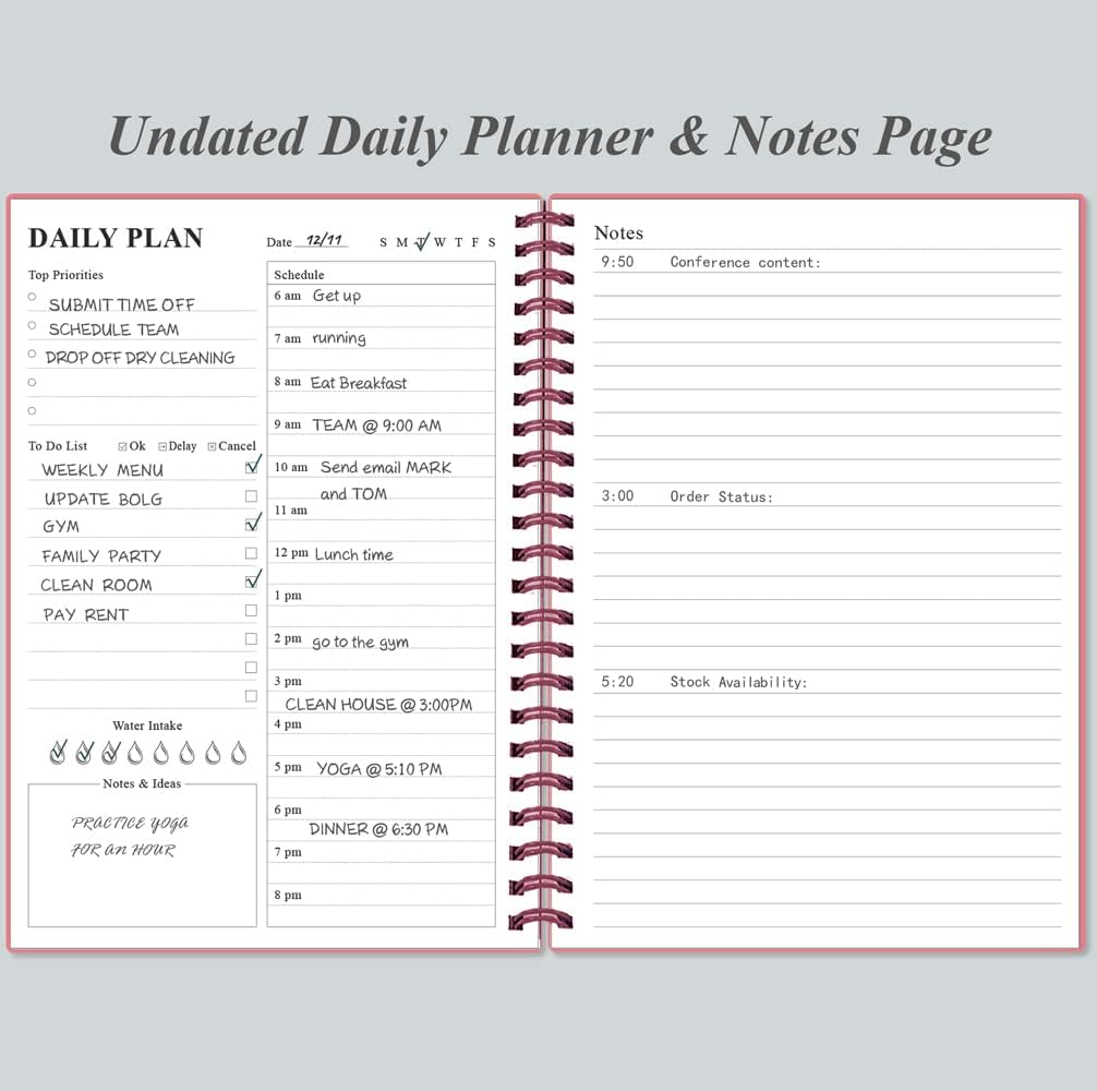 Daily Planner Undated - A5 To Do List Notebook Hourly Schedules, Spiral Appointment Planner for Women and Men, PVC Hardcover, Inner Pocket, Elastic Closure, 5.8" x 8.3", Pink