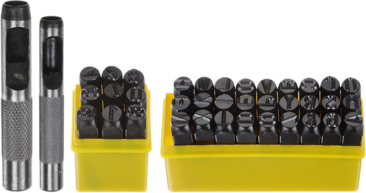 HARFINGTON 36pcs Metal Stamping Kit 25/64" (10mm) (A-Z, 0-8, "&" Symbol) Steel Letter Punch Press Tool with Hole Punch to Stamp on Metal, Plastic, Wood, Leather, Black
