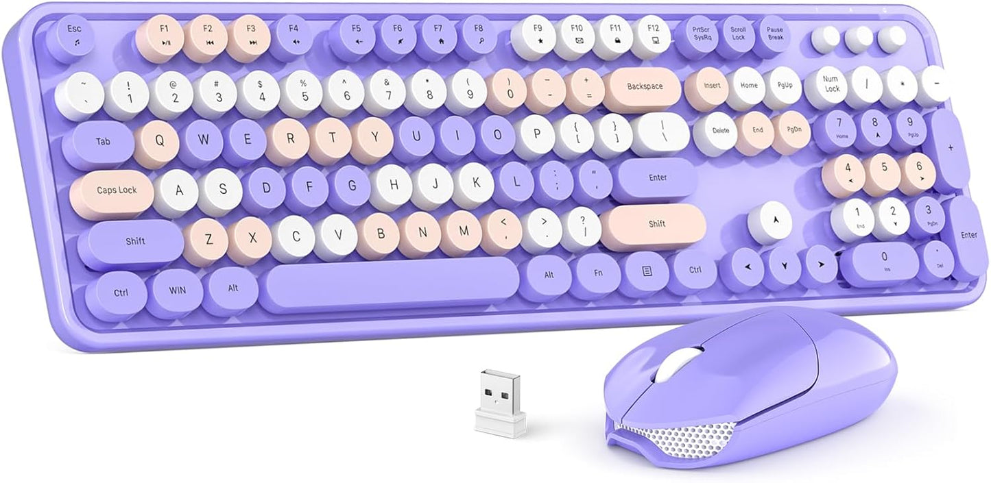 Wireless Keyboard and Mouse Combo, MOWUX Colorful Computer Full Size 2.4G Plug and Play Wireless Typewriter Keyboard and Mouse Set for Windows, Computer, Desktop, PC, Notebook (Purple Colorful)