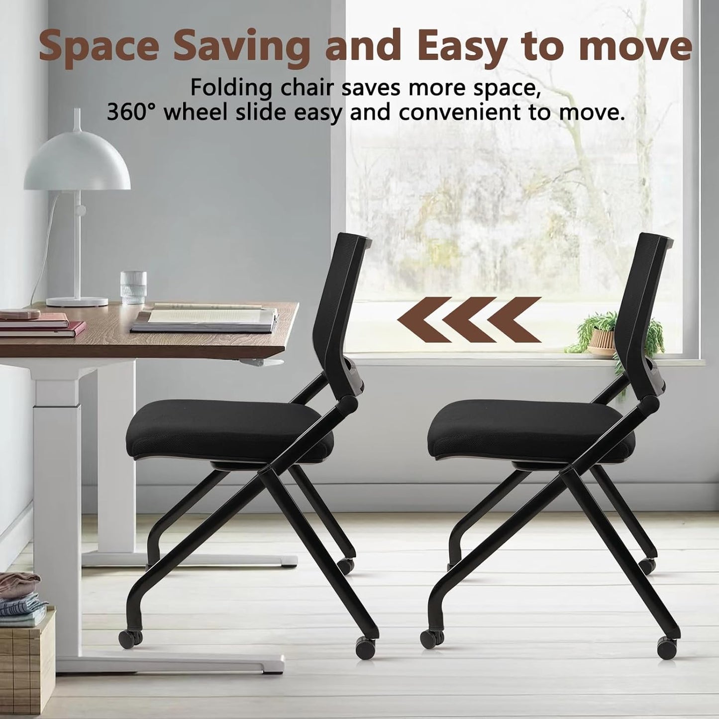 CLATINA Stackable & Foldable Conference Room Chairs, Waiting Room Chairs with Wheels & Lumbar Support, Ergonomic Mesh Bouncing Back Folding Chair for Office Meeting Schools Training Room, Black(2pk)