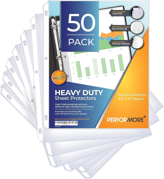 Performore 50 Sheet Protectors, Heavy Duty 8.5 X 11 Inch Clear Page for 3 Ring Binder, Plastic Sheet Sleeves, Durable Top Loading Paper Protector with Reinforced Holes, Archival Safe