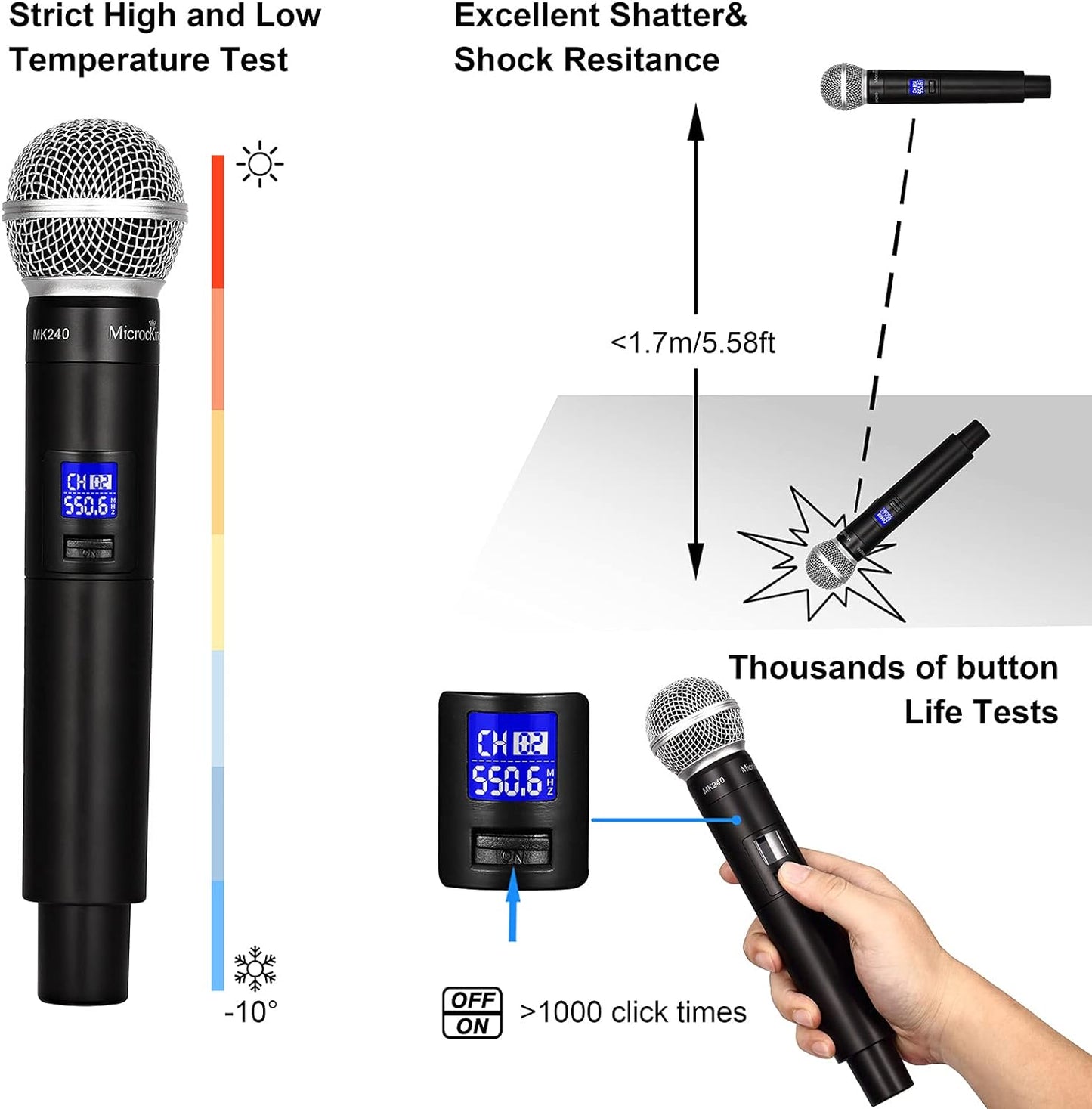 MicrocKing Wireless Microphone System, UHF Cordless Mic Set with 2 Handheld Mics/2 Lavalier Bodypacks, Metal Build, Fixed Frequency, Long Range, Ideal for Karaoke/Party/Wedding/Concert