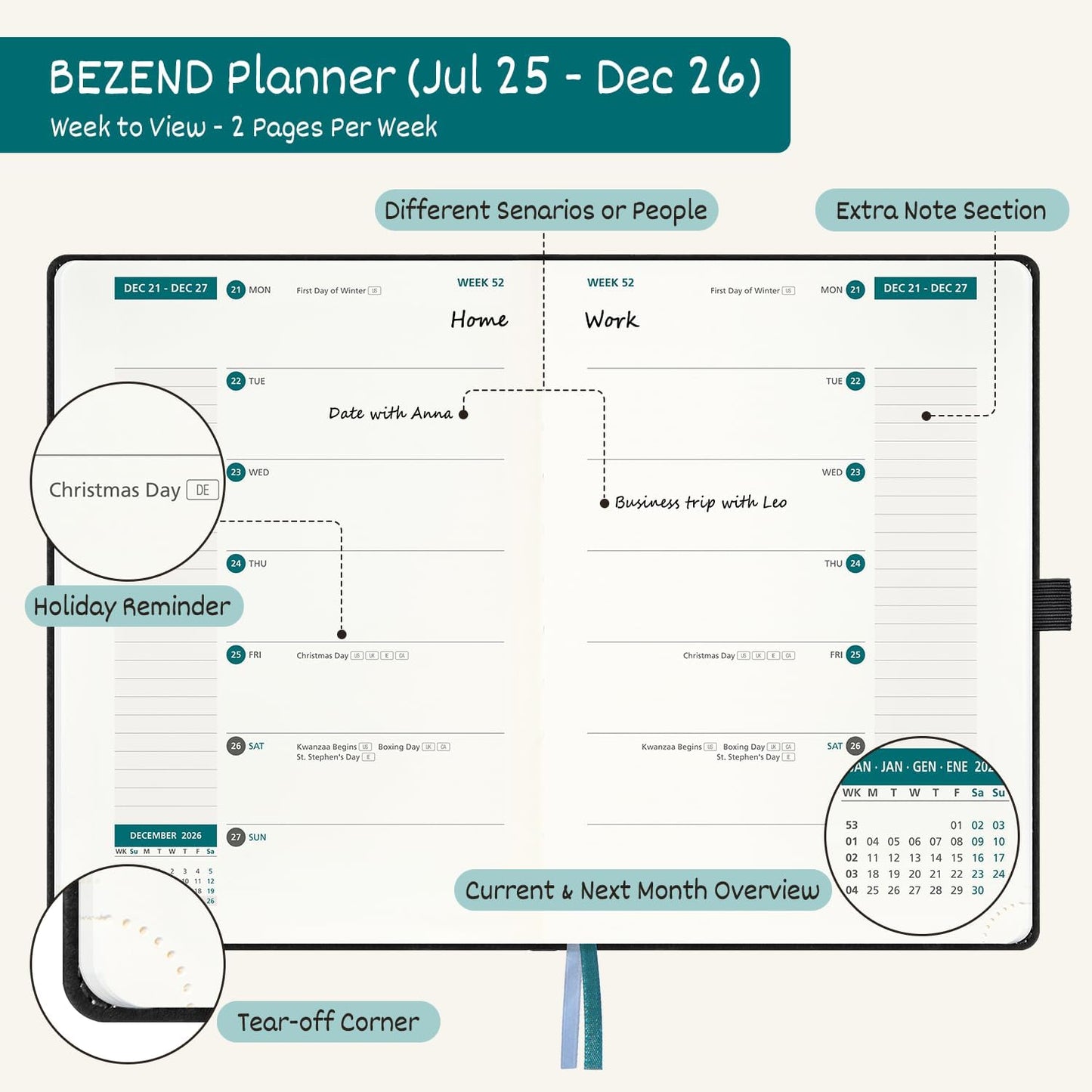 BEZEND Weekly Planner 2025-2026 with 2 Columns, 5.8" x 8.5" Academic Calendar 18 Months (Jul 25-Dec 26) Life Work Appointment Book with Monthly Tab, PU Leather Hardcover - Mustard