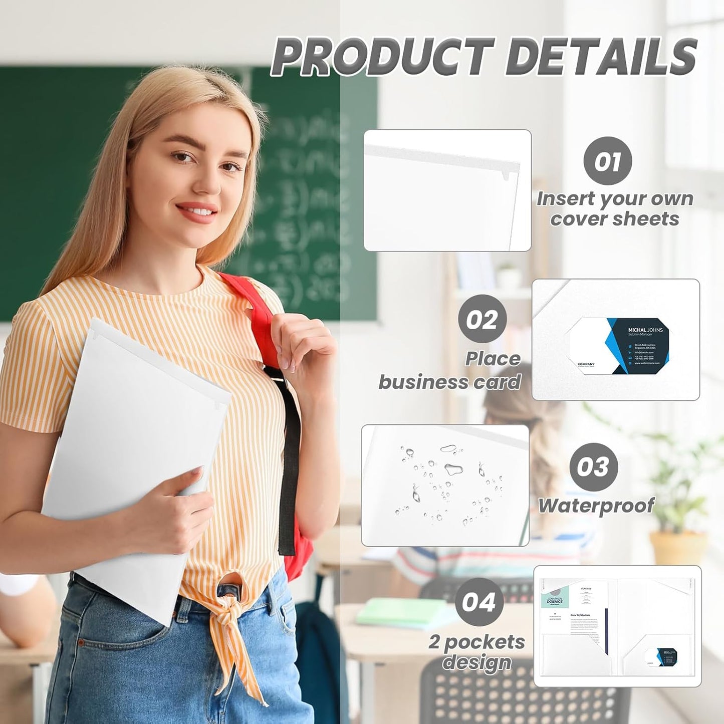 Henoyso 60 Pcs Plastic Folders with Clear Front Pockets Heavy Duty File Folders with 2 Pockets and Card Slot for Student Communication School Office Presentation Report (White)