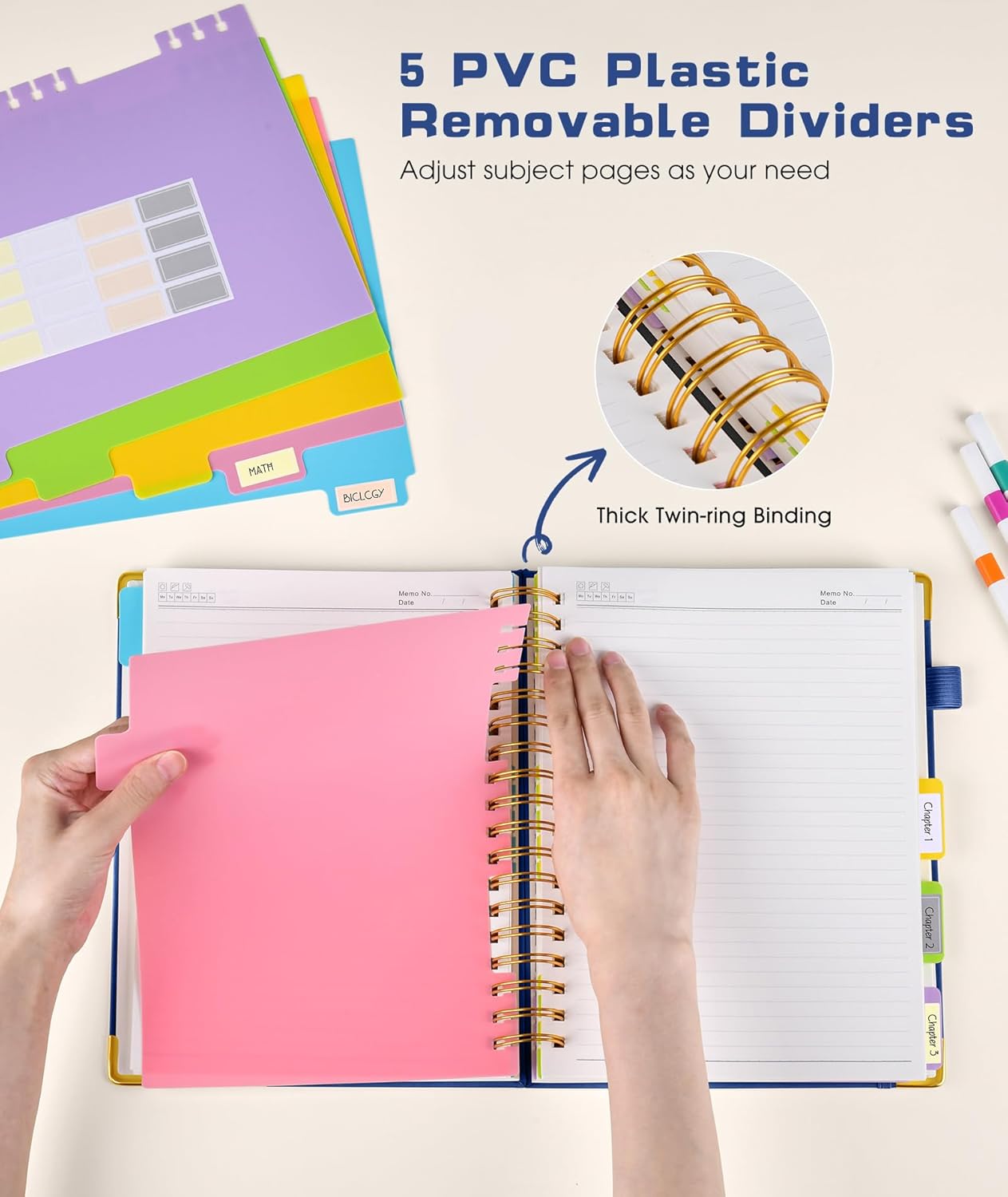 Hardcover Spiral Notebook journal with Removable Dividers Tabs, 300 Pages Leather 5 Subject Notebook College Ruled, 100GMS A5 Notebooks for Work School Note taking,Lined Journal for Women,A5 Navy