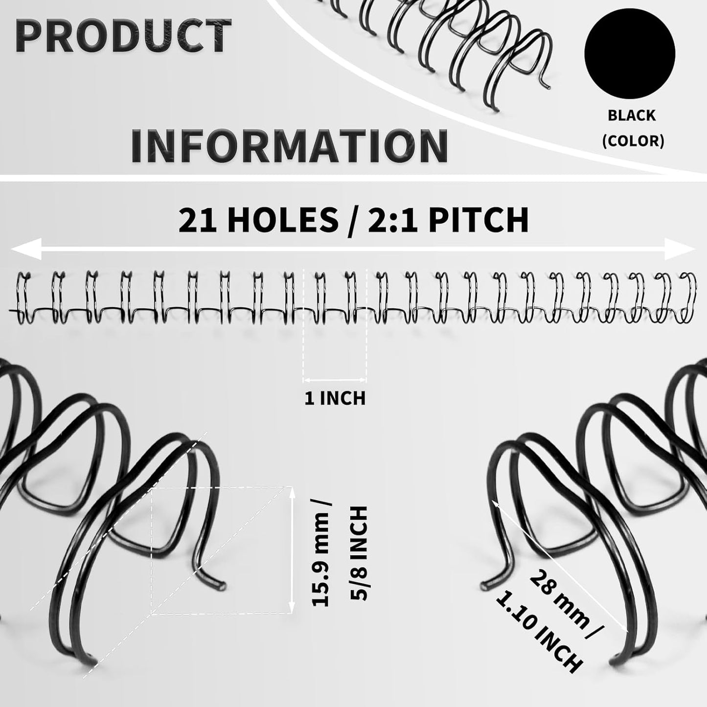 Rayson WR21159BK Wire Binding Spines, 2:1 Pitch Double Loop Binding Wires 5/8 Inch, 21-Loop Wire Ring Pack of 50 with Black