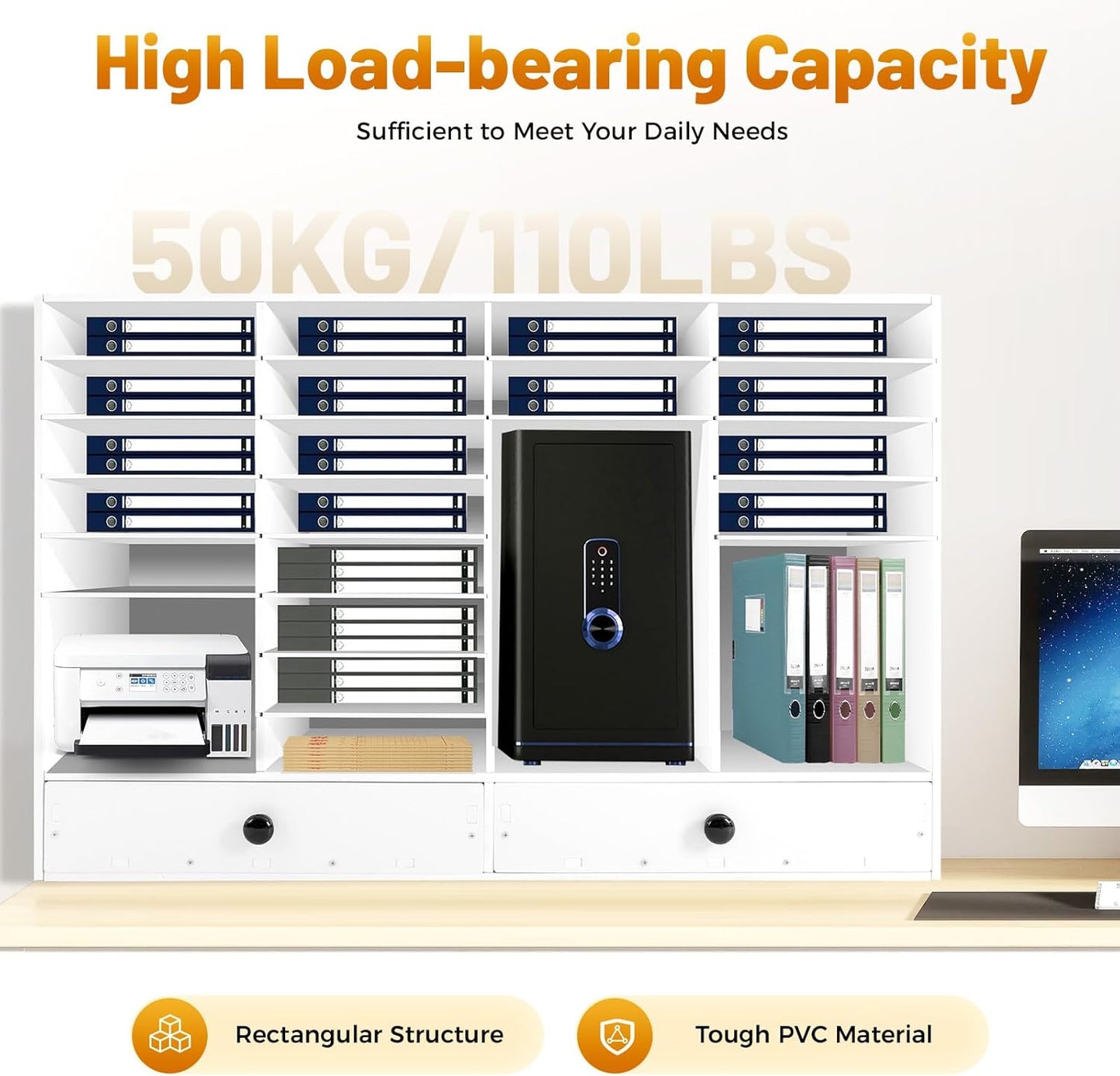 Adjustable Literature Organizer, 32 Slots File Folder Organizer Storage Rack Desktop Letter Office Cabinet 32 Compartment with 2 Drawers Paper Storage Cabinet for Classroom (32+2-Slot-White)
