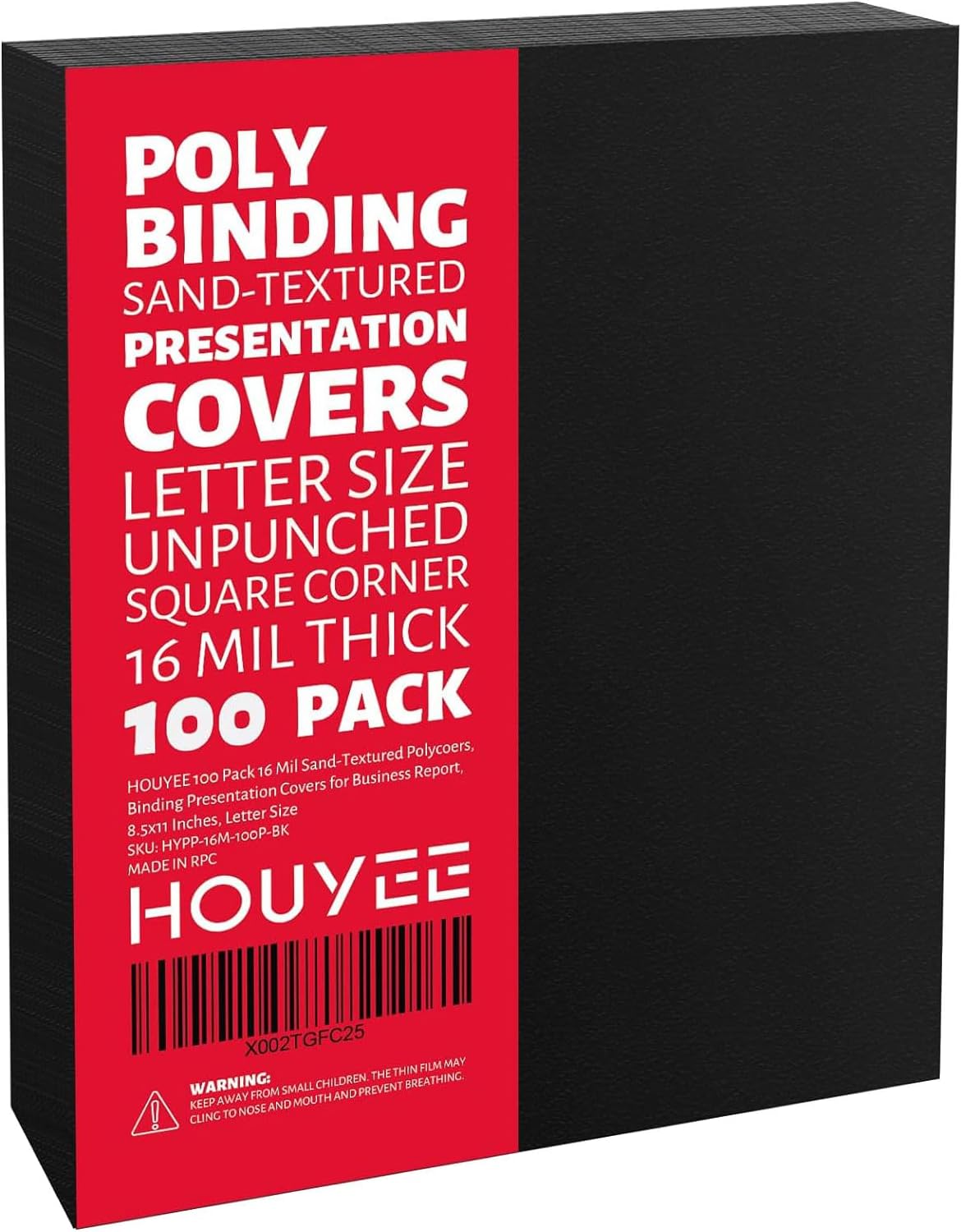 HOUYEE 100 Pack 16 Mil Poly Binding Covers,Sand Texture Binding Presentation Covers,8.5x11 Inches,Letter Size,Black,Square Corners,Un-Punched