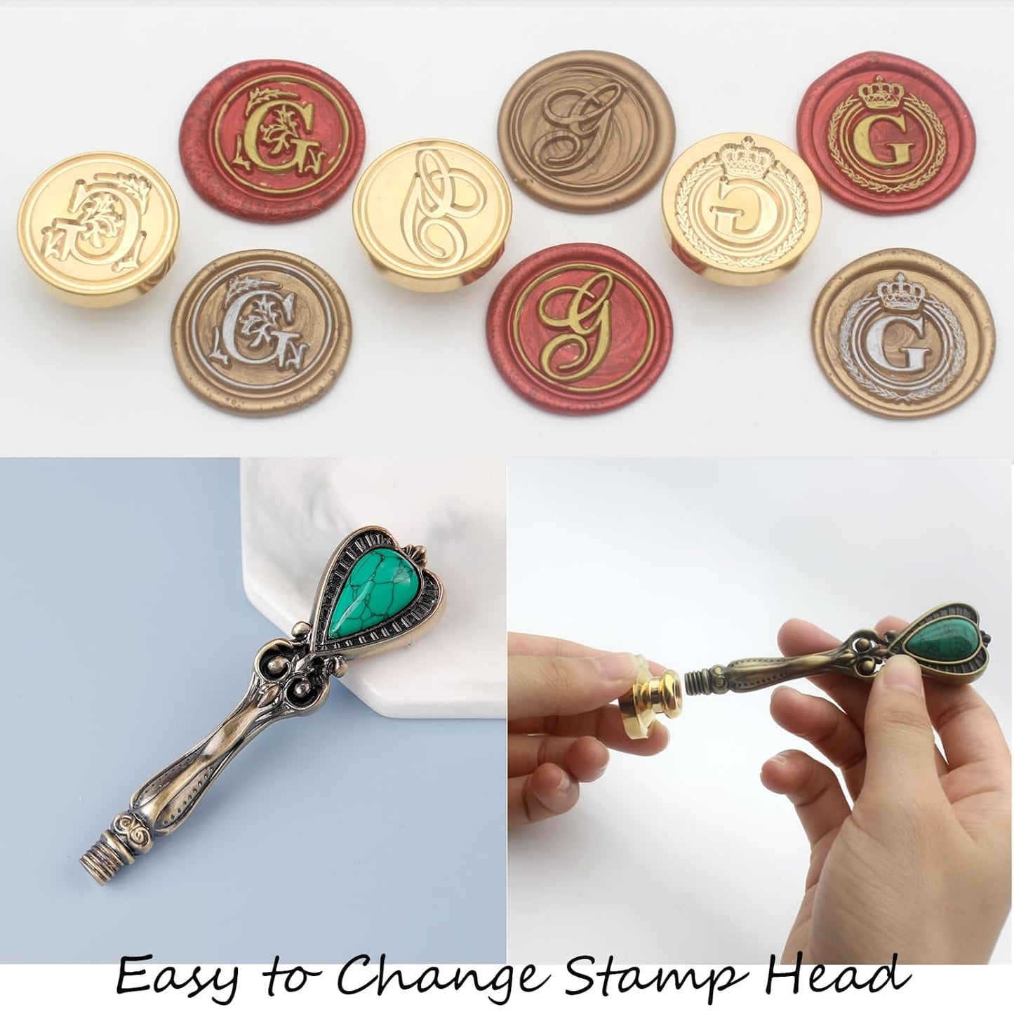 Letter Wax Seal Kit with Initial Alphabet G Wax Seal Stamp Head 3pcs, Pearl White and Vintage Gold Stamp Sealing Beads, Spoon, Metallic Gold & Silver Pen, Vintage Gift Box Set