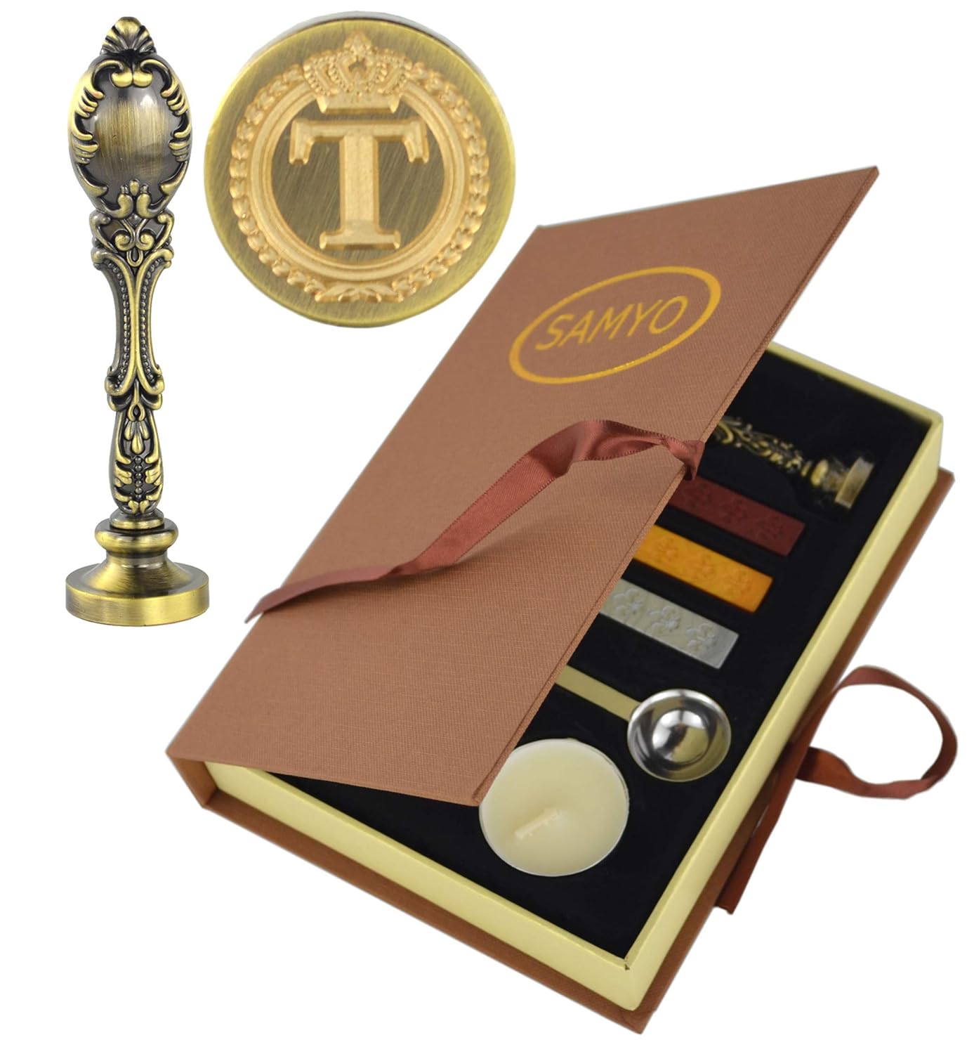 Samyo Creative Romantic Stamp Maker Classic Old-Fashioned Style Brass Color Wax Seal Sealing Stamp Vintage Antique Alphabet Initial Letter Set - (Letter T)