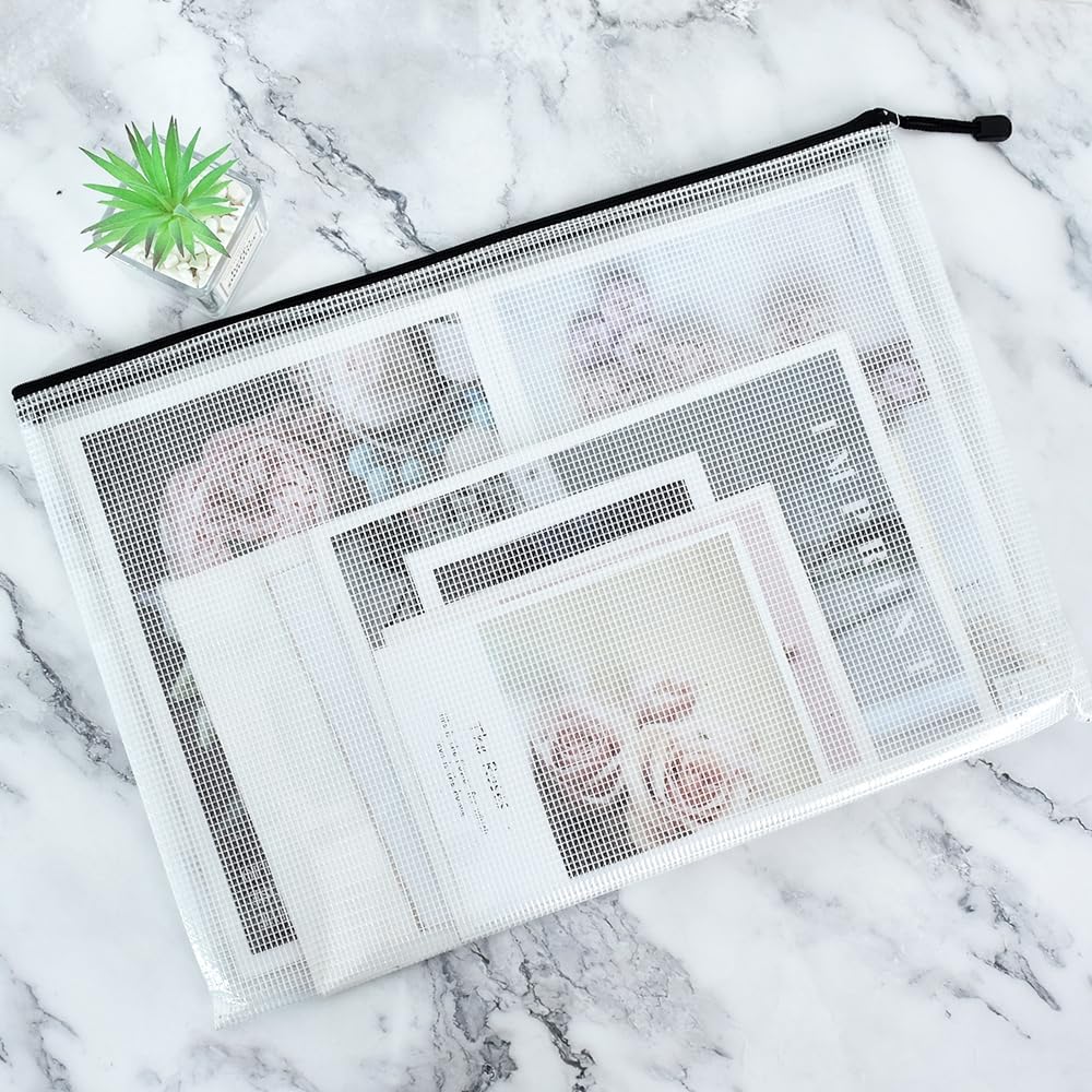 Vuzvuv 26pcs A4 Size 13"x 9.3" Mesh Zipper Pouch Zipper Bags,Document File Folders with Label Sticker,Waterproof Plastic Mesh Bag for File, Makeup, Board Game School Office Home Travel Storage