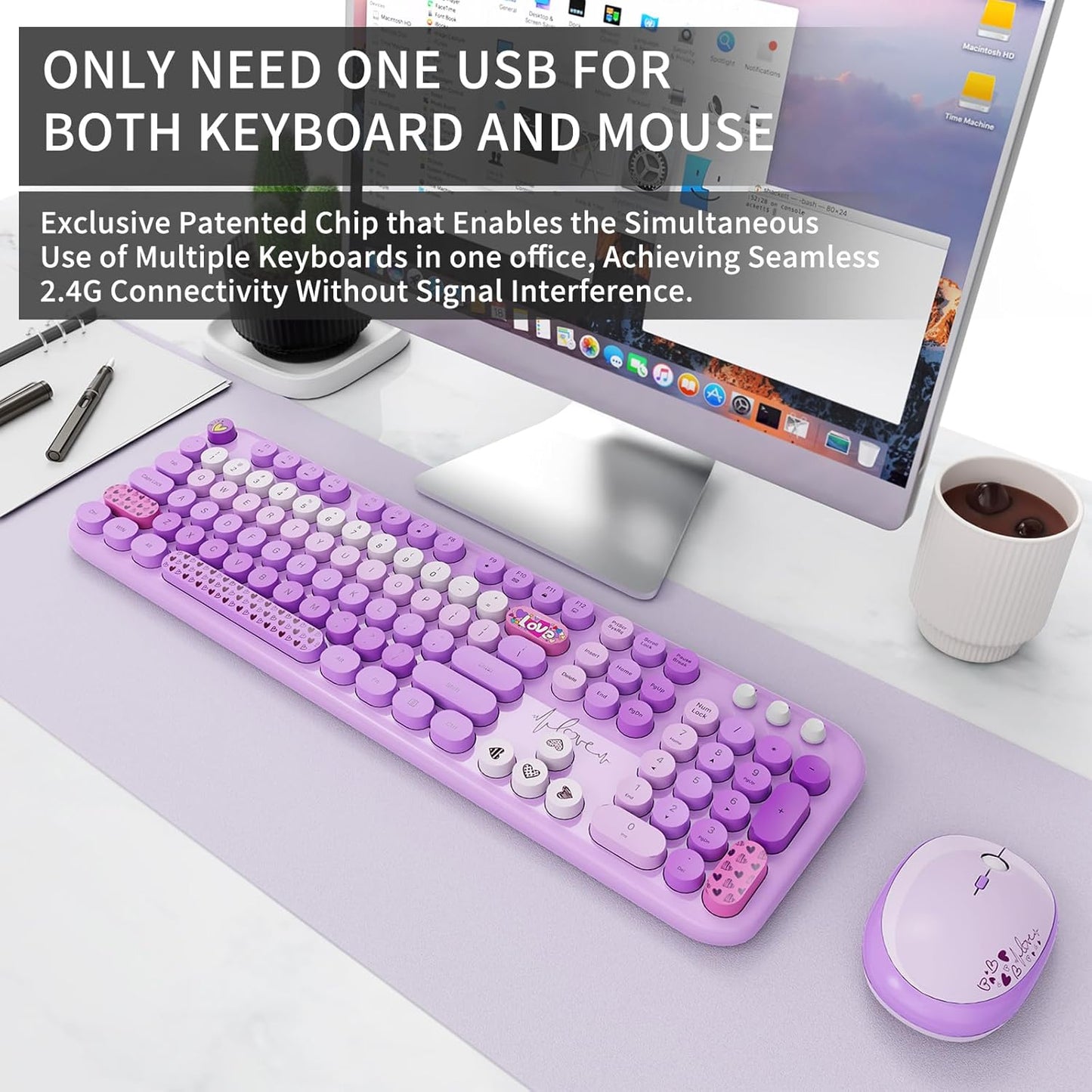 Wireless Keyboard and Mouse Set, 104 Round Keys Full-Size Cute Colorful Keyboard and Mouse with Retro Typewriter for PC/Mac/Laptop/Tablet/Computer/Windows Purple