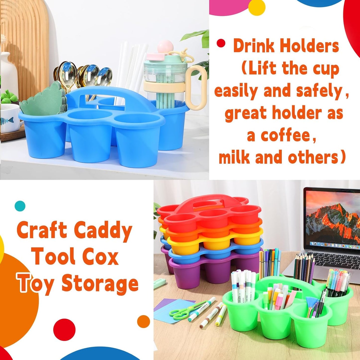 6 Pack Classroom Caddy Organizer with Handle Colorful Plastic Table Caddy Drink Cup Caddies Holder 12×9×3.5 Inches Storage School Supplies 6 Compartments for Table Crayon Pencil Cup Marker Craft