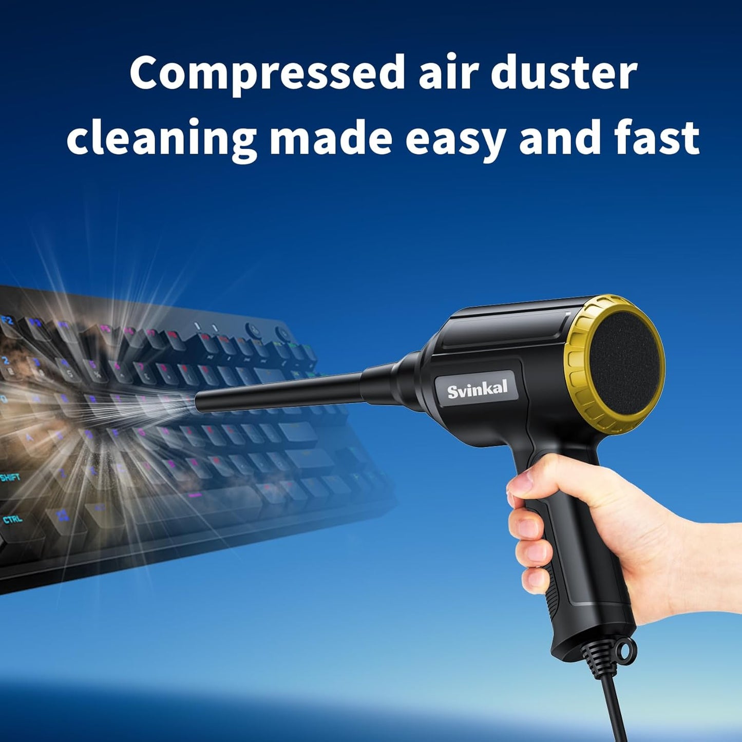 Electric Air Duster, 500W High Power with 40000RPM, Stepless Speed, 6oz Blowing Power, Ideal Canned Air Replacement for Cleaning Keyboards, Electronics, PC, and More (Blue)