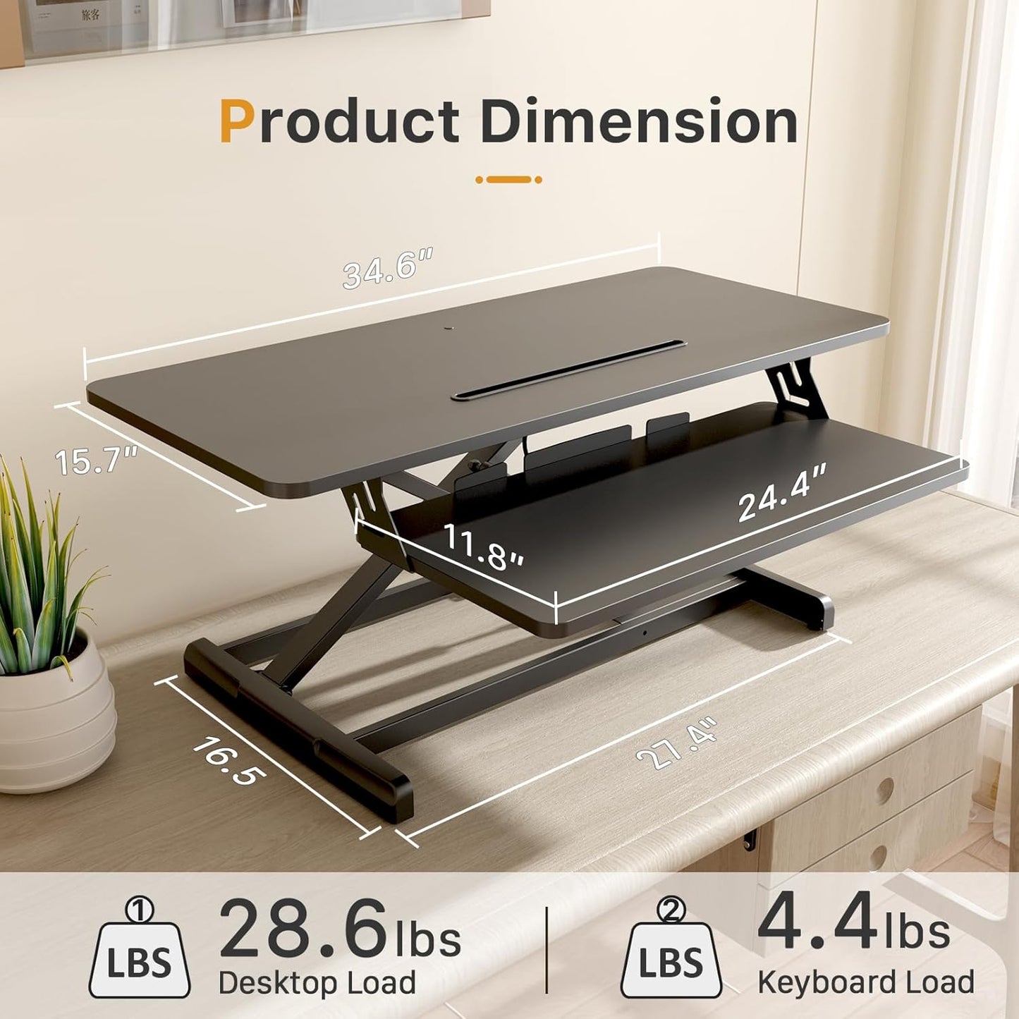 JOY worker Standing Desk Converter, 35" Wide Height Adjustable Sit Stand Up Desk Riser with Keyboard Tray, Desktop Workstation Riser for Home Office Computer Laptop, Particle Board, Black