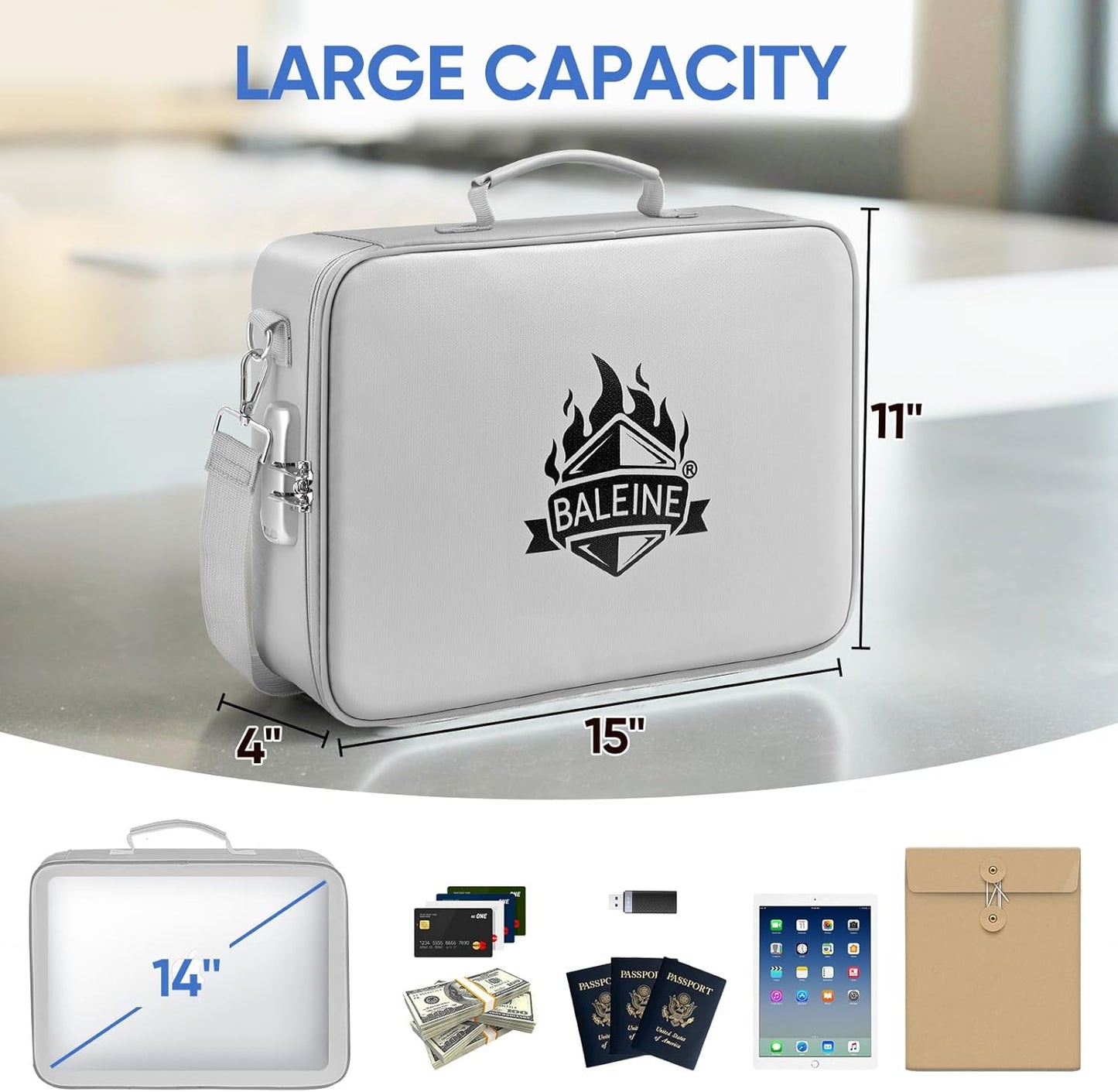 BALEINE Fireproof Document Box with Lock, Portable Fireproof Document Bag Waterproof Fire Proof File Boxes for Documents, File Organizer Box for Important Paperwork (Silver, 15''x11''x4'')