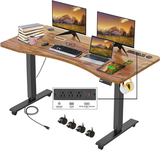 Electric Standing Desk 48 x 24 Inches Adjustable Height Ergonomic Sit Stand Up Curved Desk for Home Office Computer Workstation with 2 USB Ports 3 Power Outlets Memory Preset Wheels, Brown