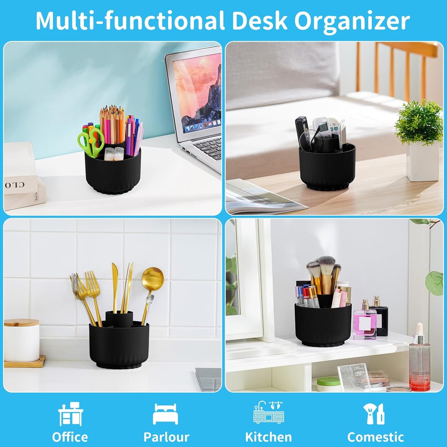 Marbrasse Desk Organizer, 360-Degree Rotating Pen Pencil Holder, Desk Organizers and Accessories with 5 Compartments Pencil Organizer, Art Supply Storage Box Caddy for Office, Home (Black)