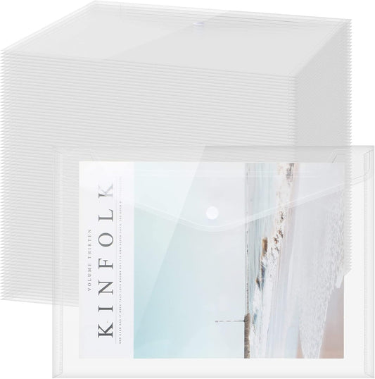 Zhehao 100 Pcs Clear Envelopes with Snap Button Closure A4 Letter Size Plastic Envelope Folder Poly Document File Folders for home Office(Clear,Simple Style)