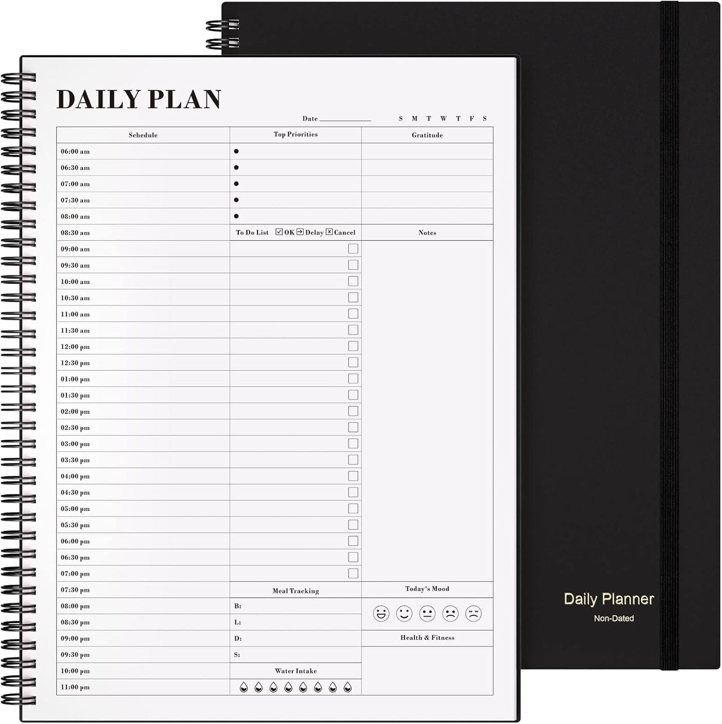 Planner Undated, Asten Daily Planner Agenda with To Do List, Hourly Schedules for Women and Men, Spiral Appointment Book with Elastic Closure, Inner Pocket 8.5" x 11" (Black)