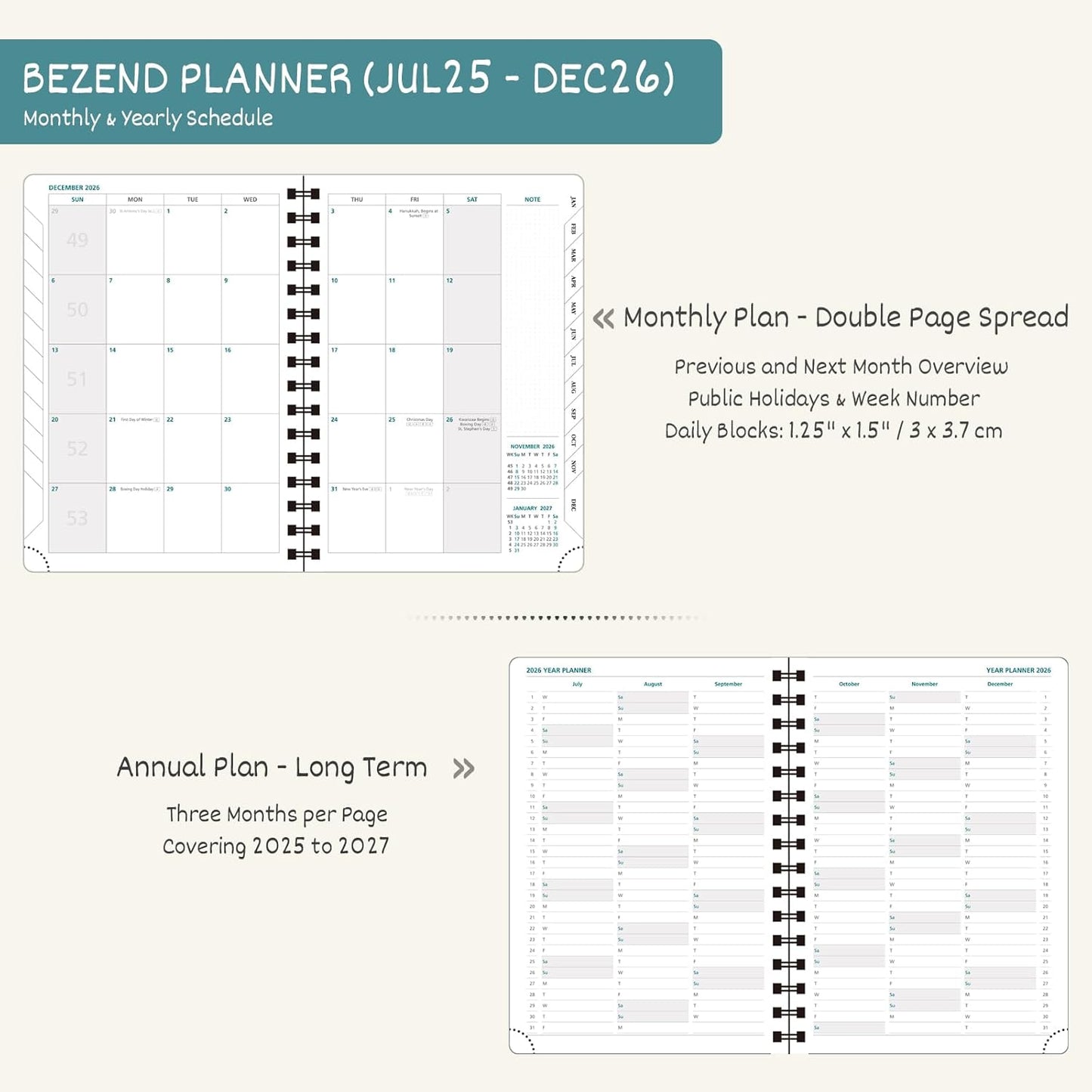 BEZEND Planner 2025-2026 Weekly and Monthly, 5.8" x 8.5" Academic Calendar (Jul 25-Dec 26) Vertical Daily Appointment with Hourly Timeslot & Monthly Tab, Spiral, PU Leather Softcover - Mint Green