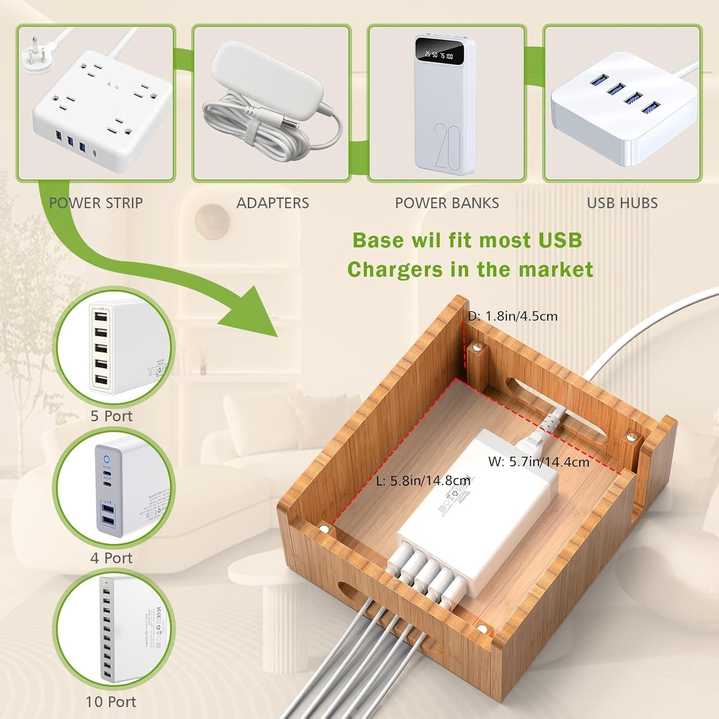 Pezin & Hulin Bamboo Charging Stand, Dock Organizer for Multi Devices, Cell Phone, Tablets, Smart Watch, with Pack 5 Cables, No Power Charger Block