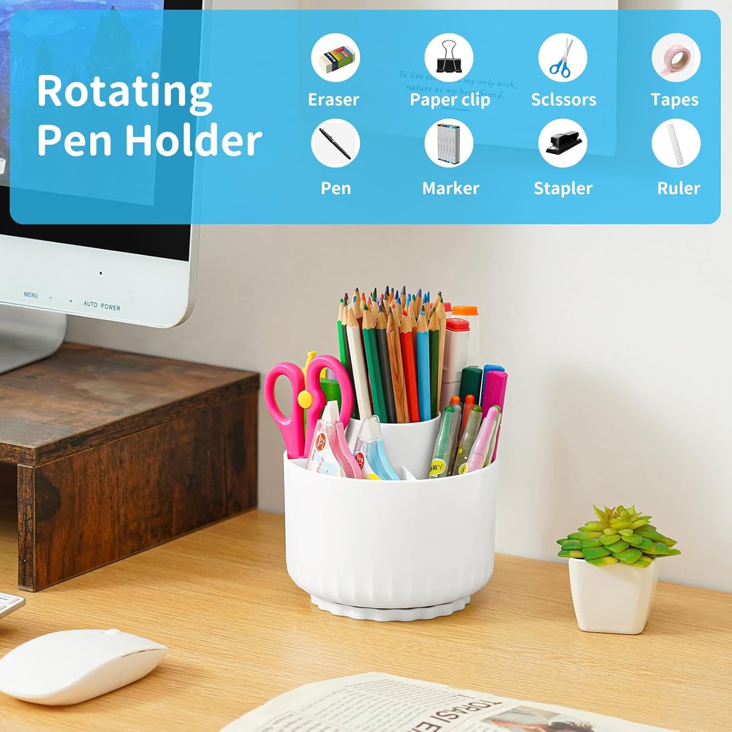 Marbrasse Desk Organizer, 360-Degree Rotating Pen Pencil Holder, Desk Organizers and Accessories with 5 Compartments Pencil Organizer, Art Supply Storage Box Caddy for Office, Home(White)