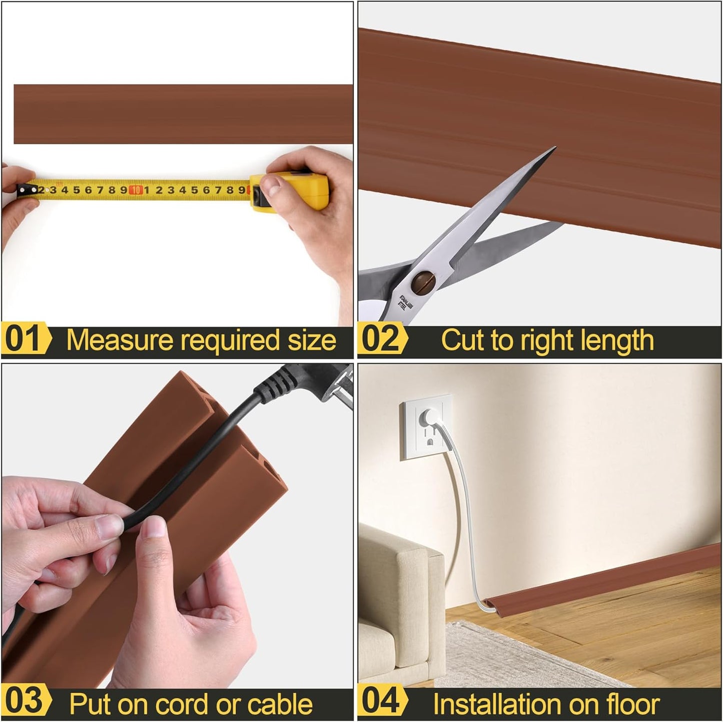 MYFAMIREA 20FT Floor Cord Cover Heavy Duty Cable Cover Protector 3 Channels Extension PVC Floor Wire Cover Outdoor Cord Hider Management Cord Cover for Wire on Floor Home Outdoor (2PCS 10FT, Brown)