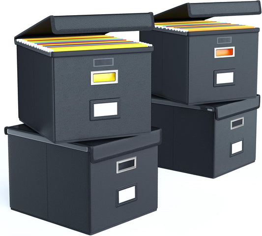 Huolewa Portable Leather File Organizer Boxes with Lids, Office Document Boxes Organizer, Filing Boxes, Decorative Small File Boxes for Hanging Files with Plastic Slide for Office/Decor/Home