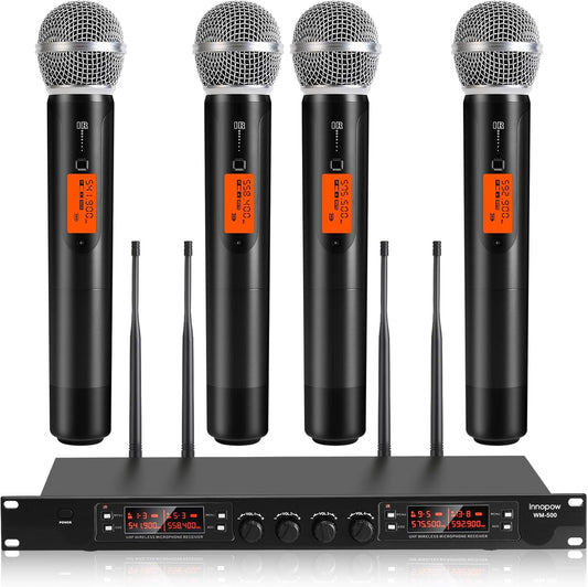 4 Channel Wireless Microphones System, Quad UHF Cordless Mic Set,4 * 40 Groups Metal Handheld Dynamic, Auto Scan, Long Range 200-300Ft,16 Hours Use for Church,Singing Bands (WM500)