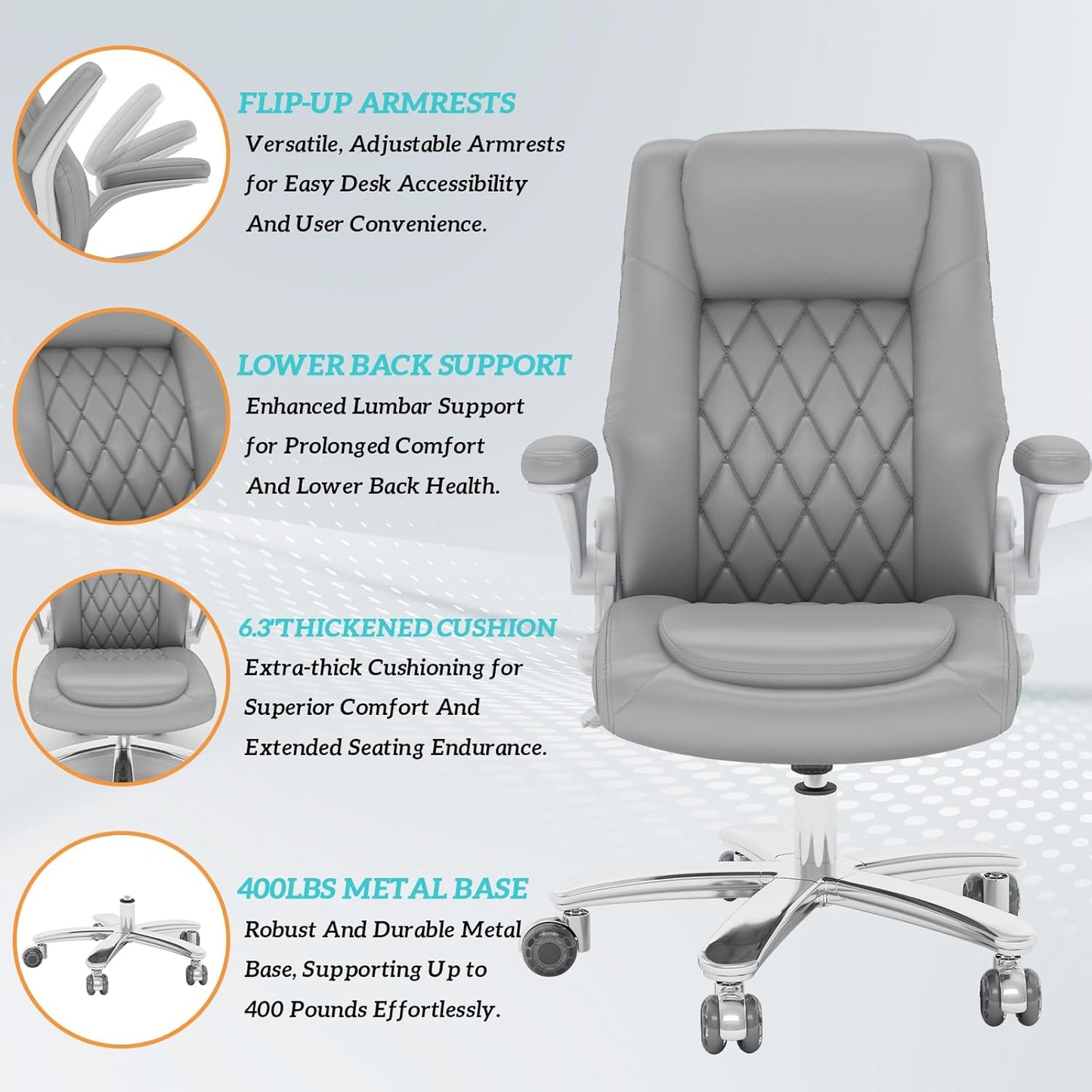 GYI O205P High Back Executive Office Chair, Big and Tall Office Chair 400LBS with Rubber Wheels,Ergonomic Adjustable Computer Desk Chairs with Padded Flip-up Armrests,Lumbar Support (Grey)