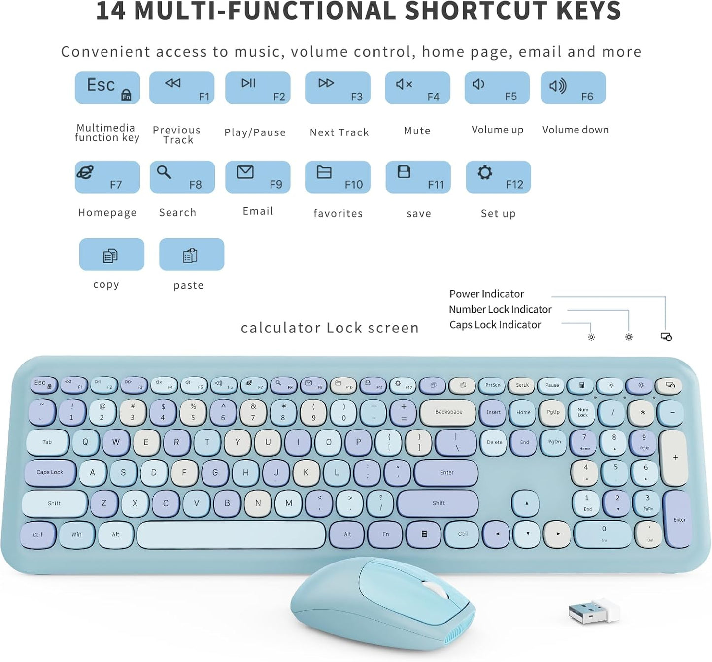 Wireless Keyboard and Mouse Combo, Colorful Ergonomic Full Size Retro Low-Noise Keyboard with Cute keycaps, Compatible with Windows, PC, Perfer for Home and Office Keyboards (Blue)