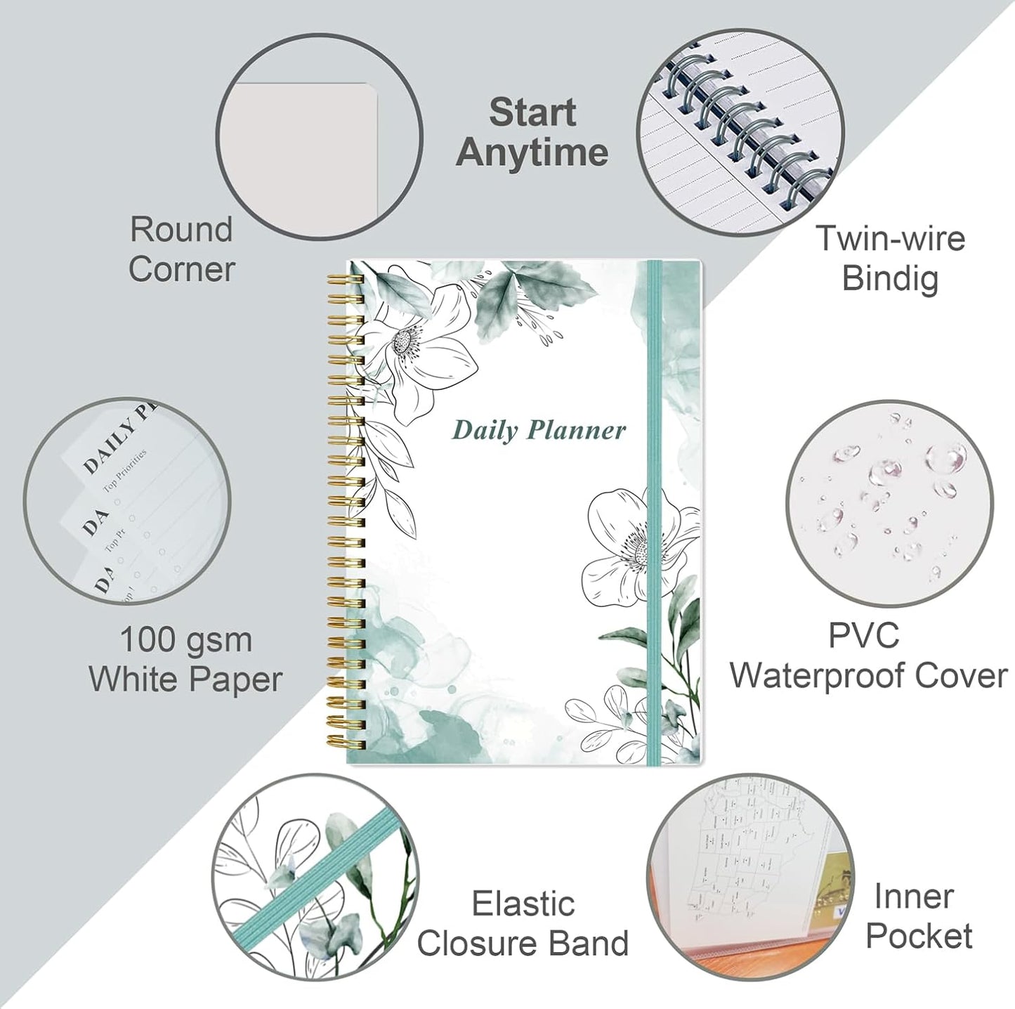 Daily Planner Undated - A5 To Do List Notebook Hourly Schedules, Spiral Appointment Planner for Women and Men, PVC Hardcover, Inner Pocket, Elastic Closure, 5.8" x 8.3", Teal Flowers