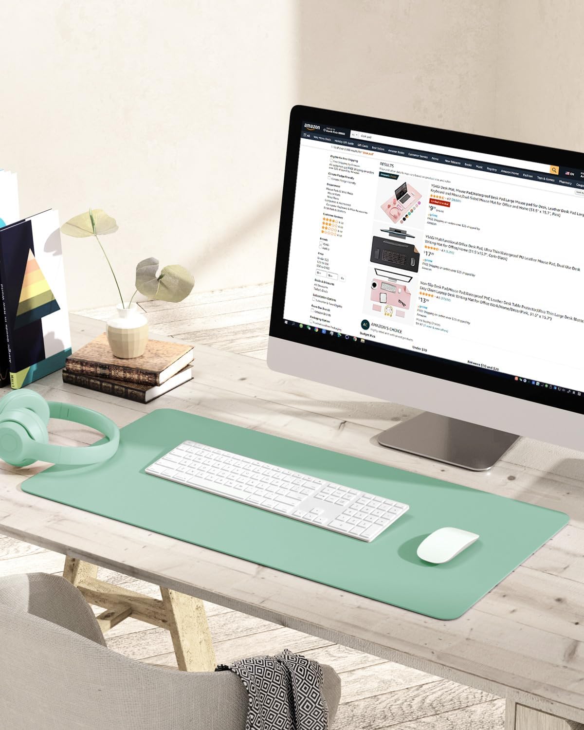 YSAGi Non-Slip Leather Desk Pad, Waterproof Laptop Computer Desk Keyboard Mat, Table Protector Blotter Mat, Large Mouse Pad for Office/Work/Home/Decor(Pale Green, 31.5" x 15.7")