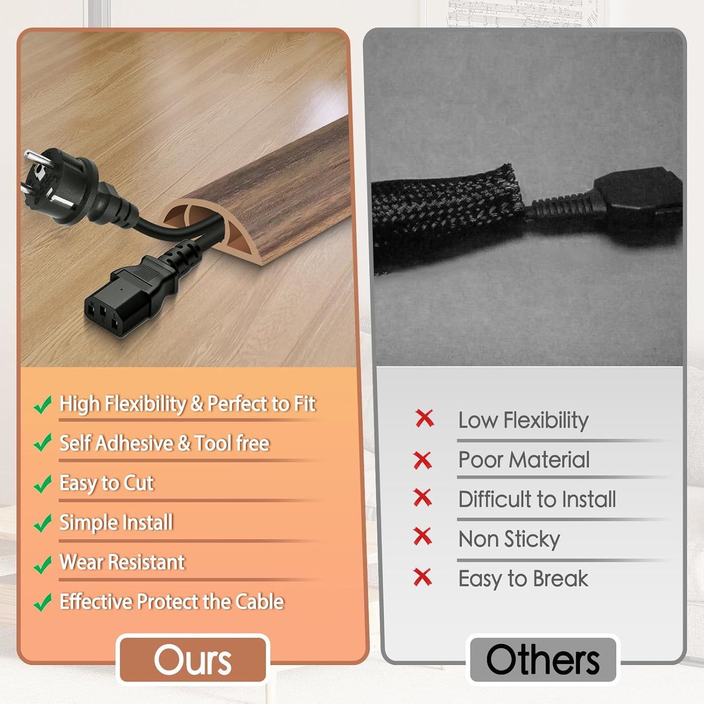 Floor Cord Cover for Wires on Floor Self Adhesive Cord Hider Floor Cable Management Wire Covers for Cords Protector Prevent Cable Trips Cord Cavity W 0.59" x H 0.31", Misty Brown Wood, 3.3Ft