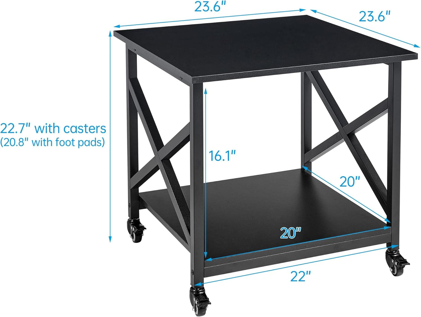 2 Tier Large Printer Stand, 23.6 x 23.6 x 22.6 Inches Square Printer Table with Storage Shelf, Rolling Printer Cart with Industrial Wheels for Home Office, Mini Fridge Stand Table - Black