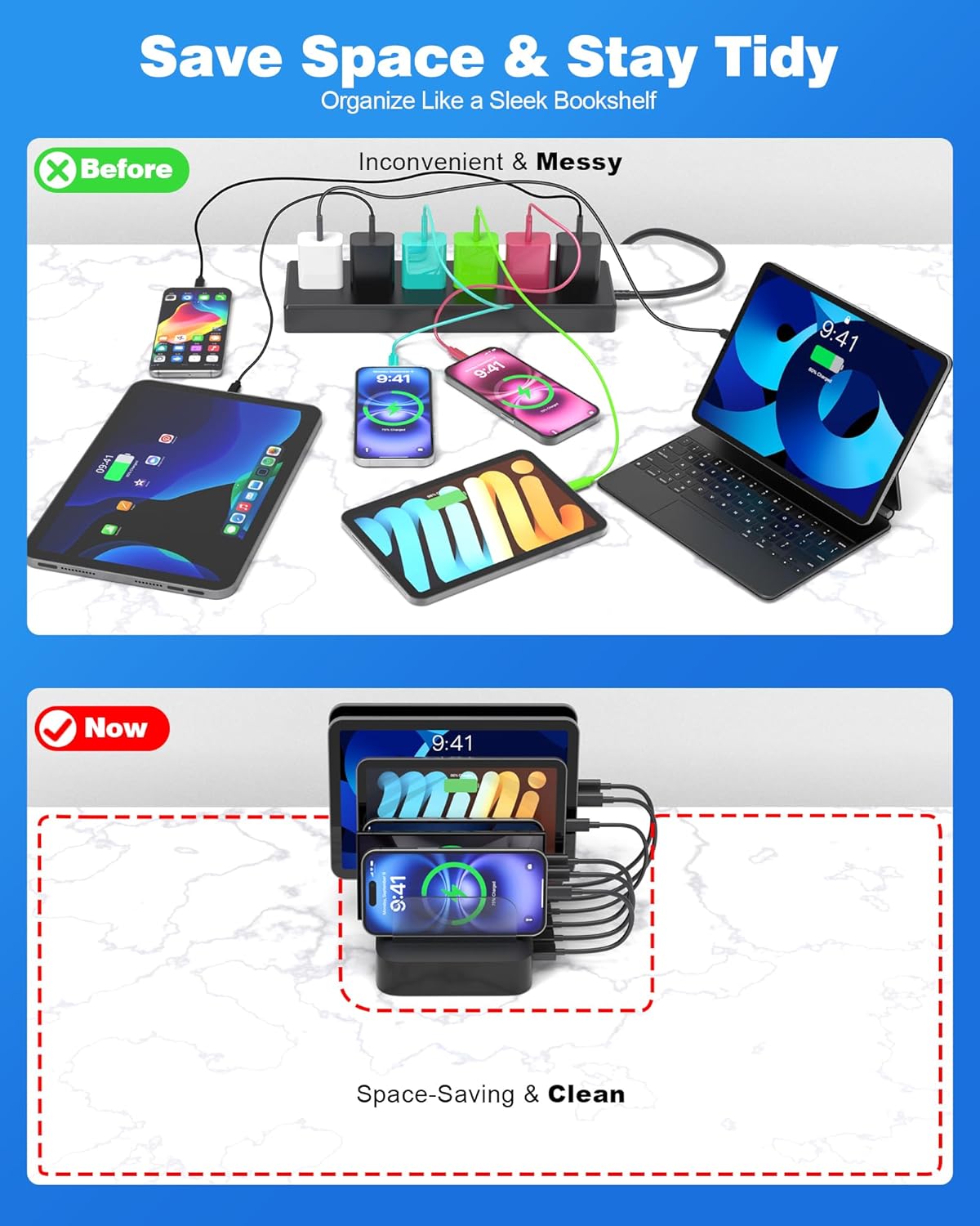 MSTJRY Charging Station for Multiple Devices : 6 Port USB Charger Stations - Family Multi-Device Organizer Charging Dock - Designed for iPhone iPad Android Cell Phone Tablet and Electronic, Black